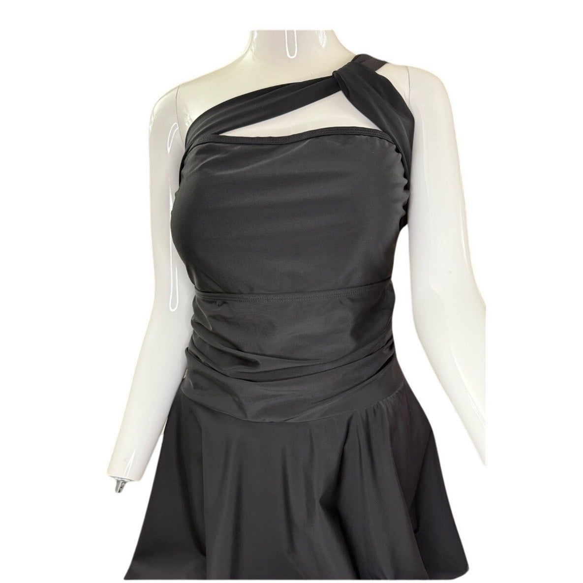 NWOT Womens Black One Shoulder Ruched Skirted Swim Dress One Piece Swimsuit xl