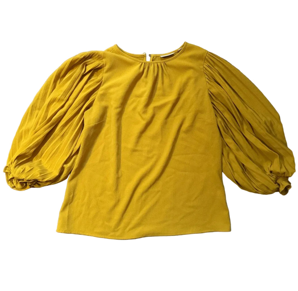 Eva Mendes NY&Co Mustard Yellow Pleated Puff Sleeve Blouse XS VN130007