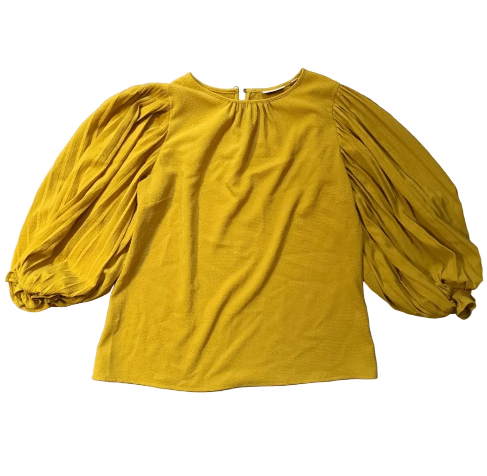 Eva Mendes NY&Co Mustard Yellow Pleated Puff Sleeve Blouse XS VN130007