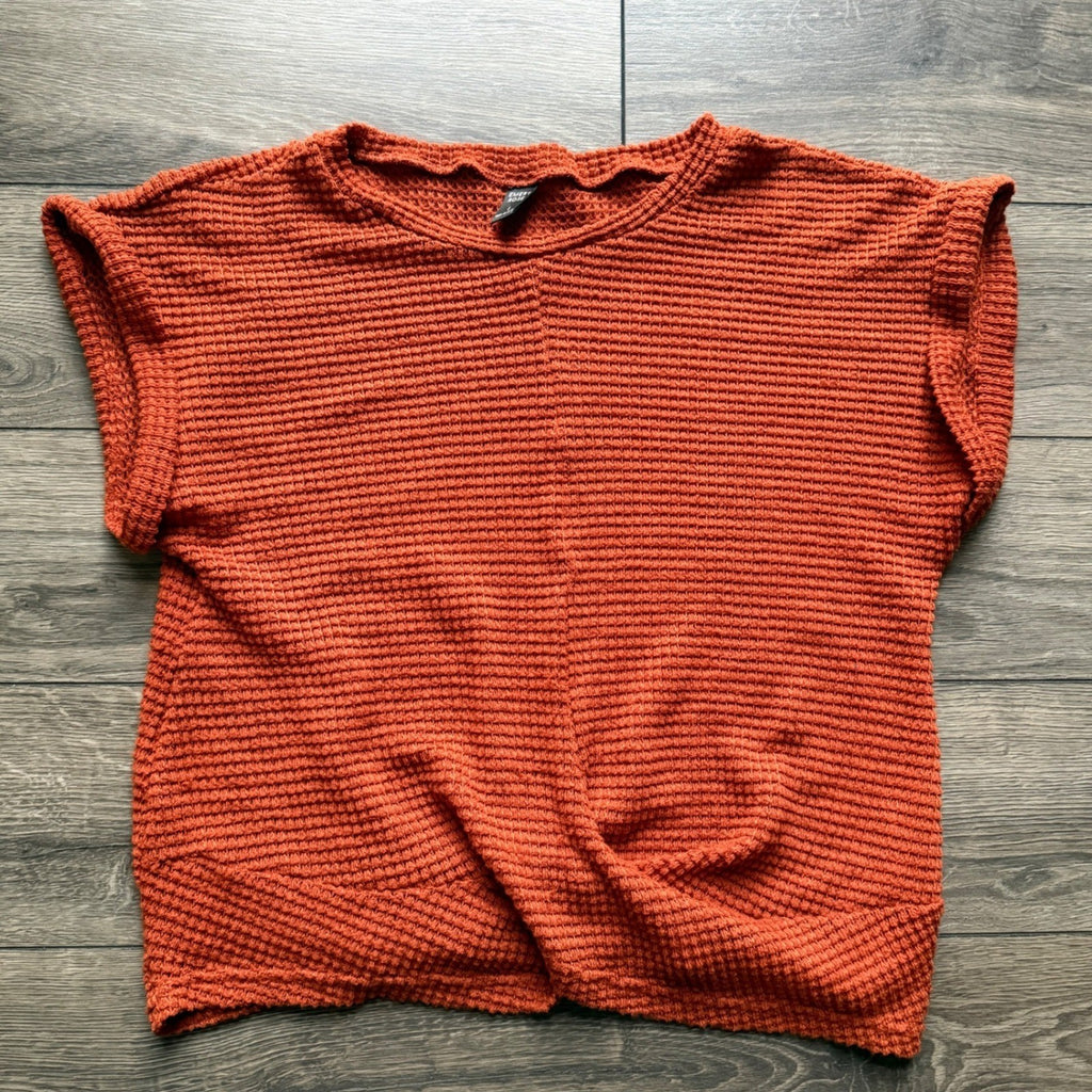 Emery Rose Burnt Orange Twist Front Waffle Knit Cap Sleeve Top Rust Large
