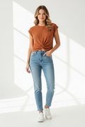 Emery Rose Burnt Orange Twist Front Waffle Knit Cap Sleeve Top Rust Large