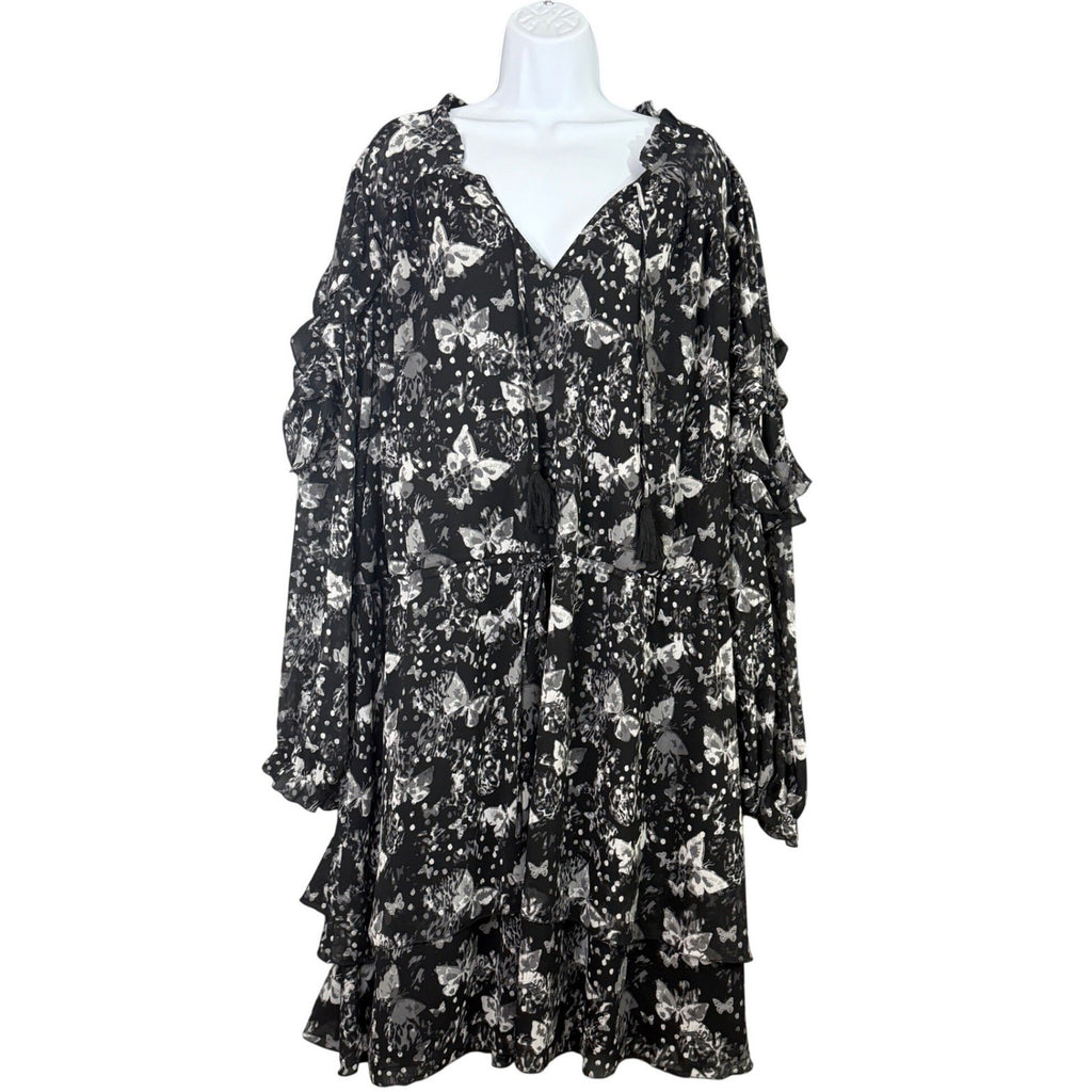 Cato Plus Size Black Butterfly Print Tiered Ruffle Dress 26 28W