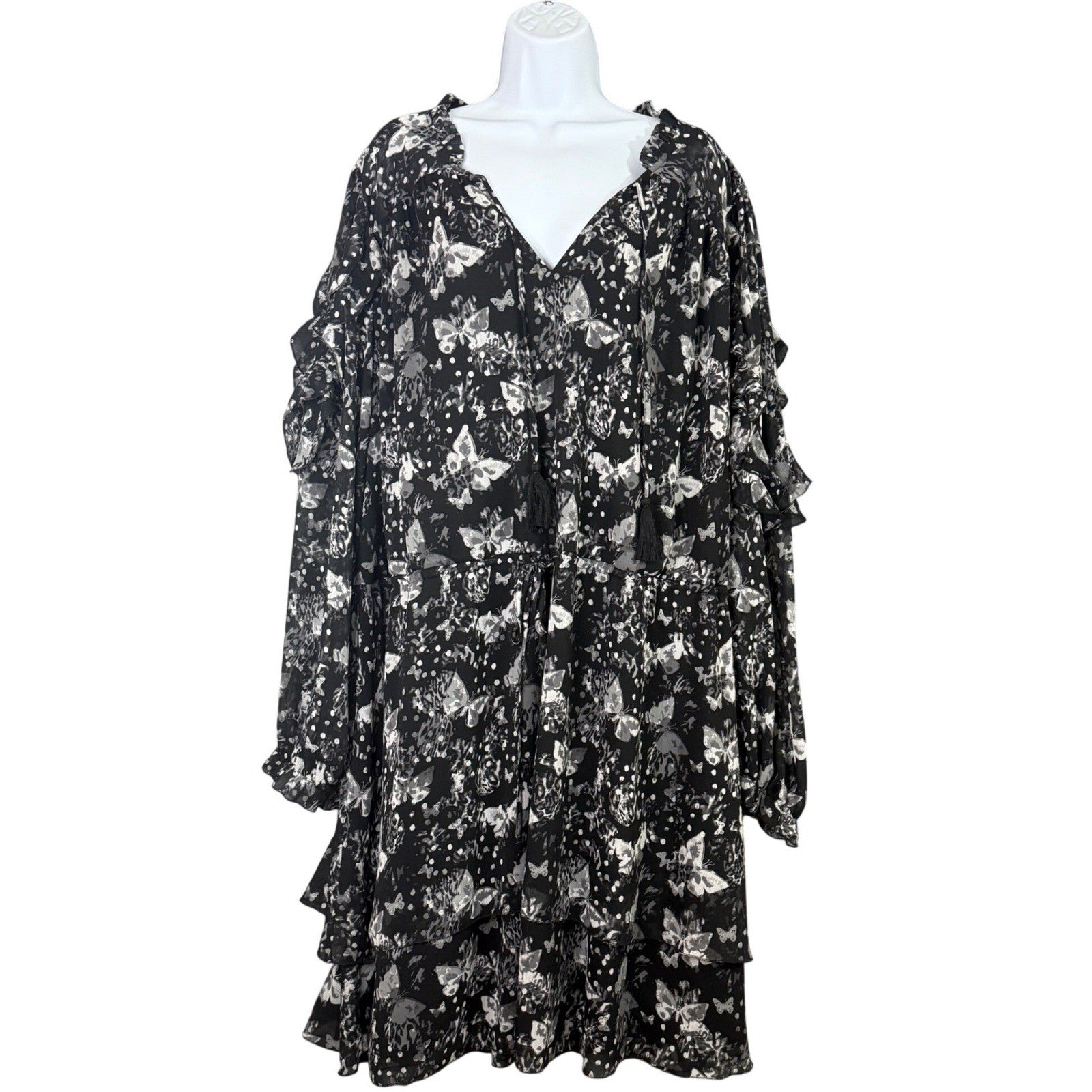 Cato Plus Size Black Butterfly Print Tiered Ruffle Dress 26 28W