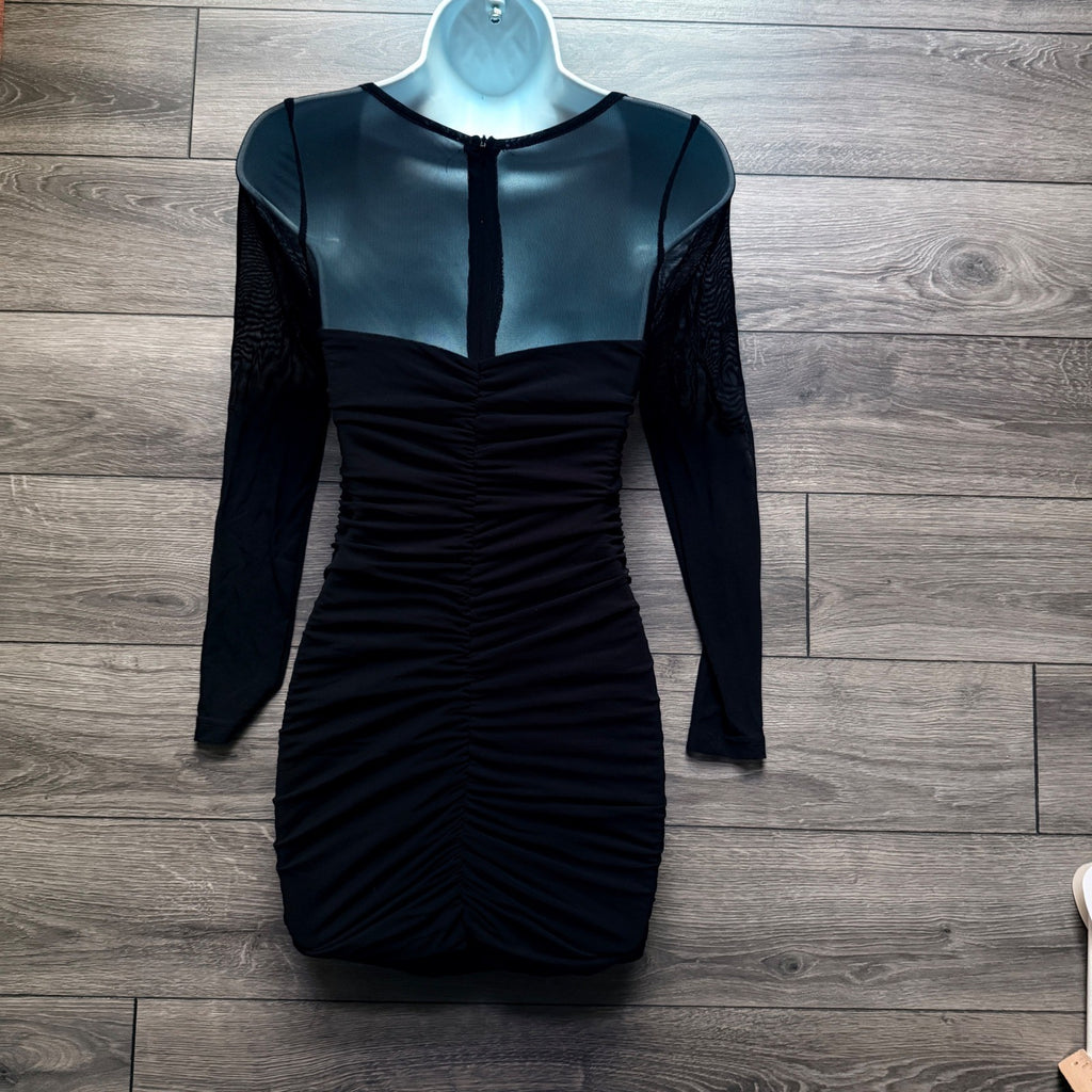 NWT Black Ruched Bodycon Mini Dress Sheer Mesh Long Sleeve Square Neck XS