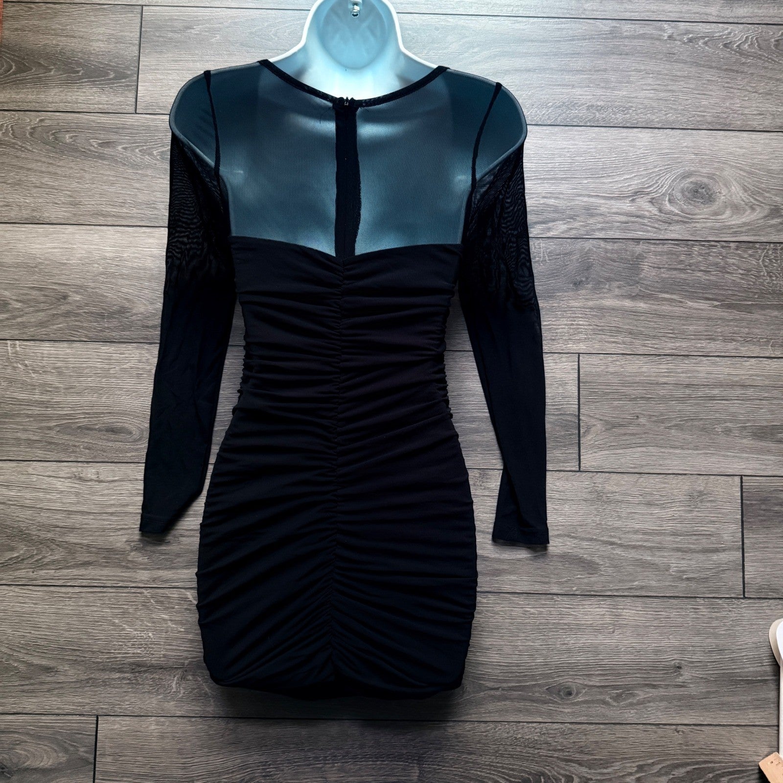 NWT Black Ruched Bodycon Mini Dress Sheer Mesh Long Sleeve Square Neck XS