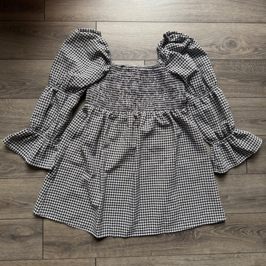 Atmos&Here Gingham Smocked Mini Dress Black White Square Neck Puff Sleeve