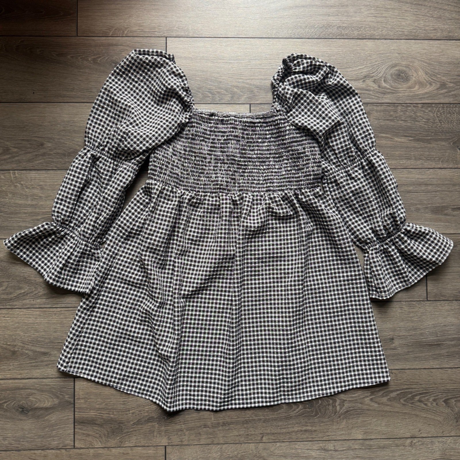 Atmos&Here Gingham Smocked Mini Dress Black White Square Neck Puff Sleeve