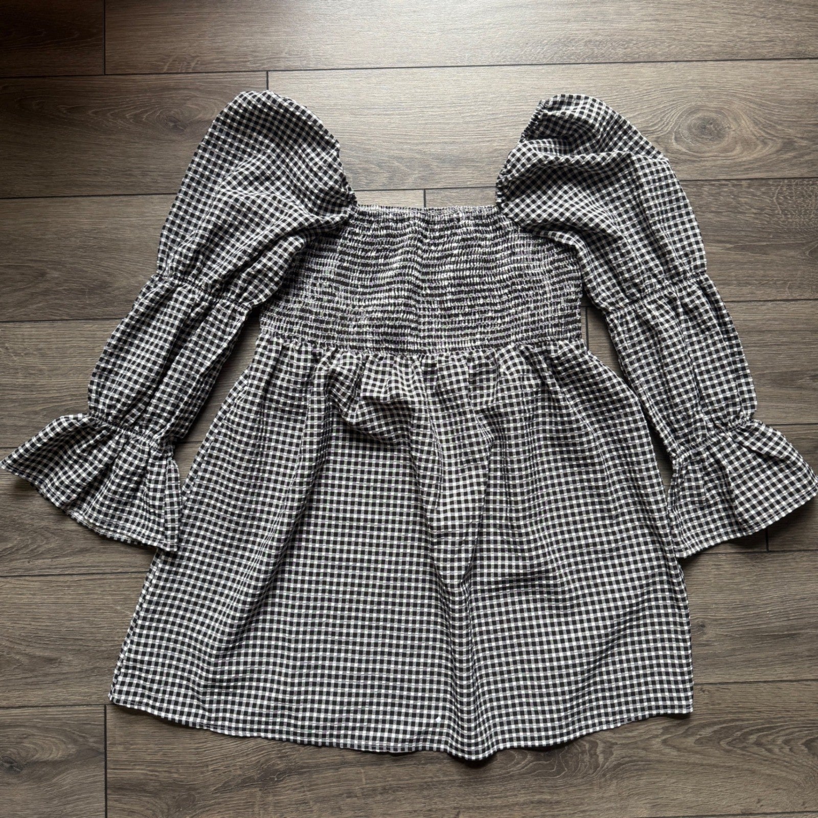 Atmos&Here Gingham Smocked Mini Dress Black White Square Neck Puff Sleeve