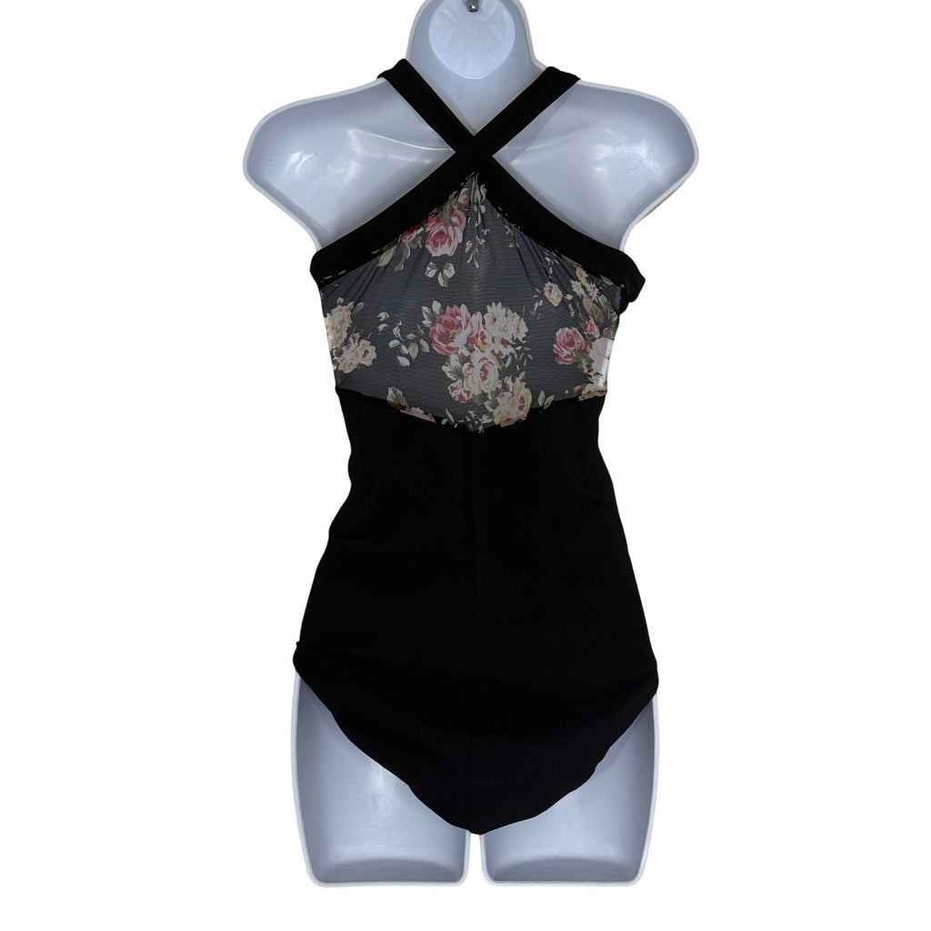 Black Floral Mesh Halter Neck One Piece Swimsuit Women's Size L