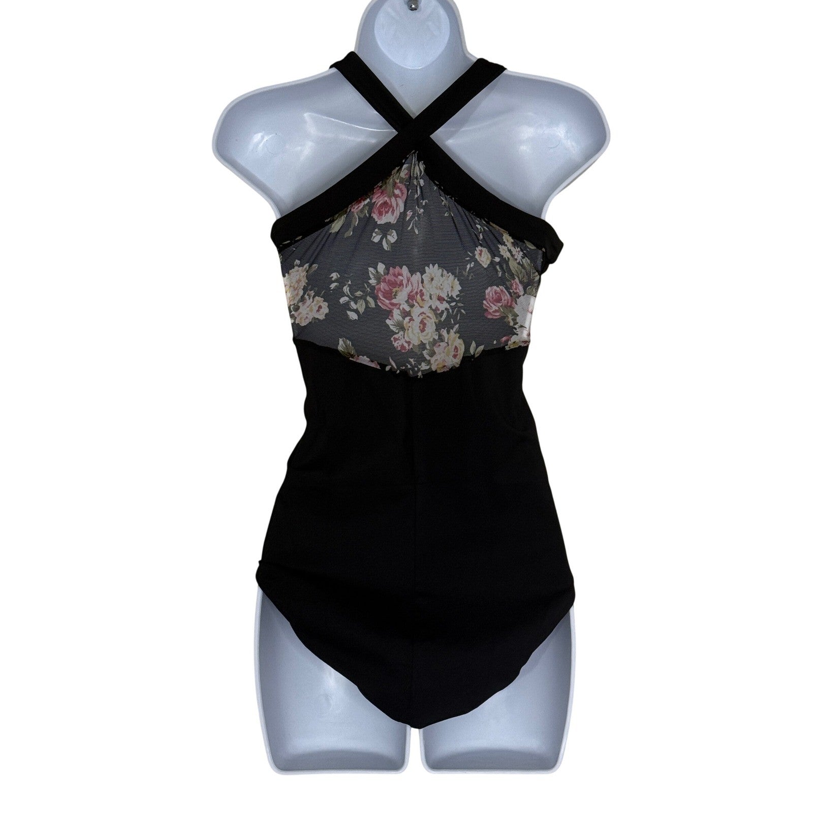 Black Floral Mesh Halter Neck One Piece Swimsuit Women's Size L