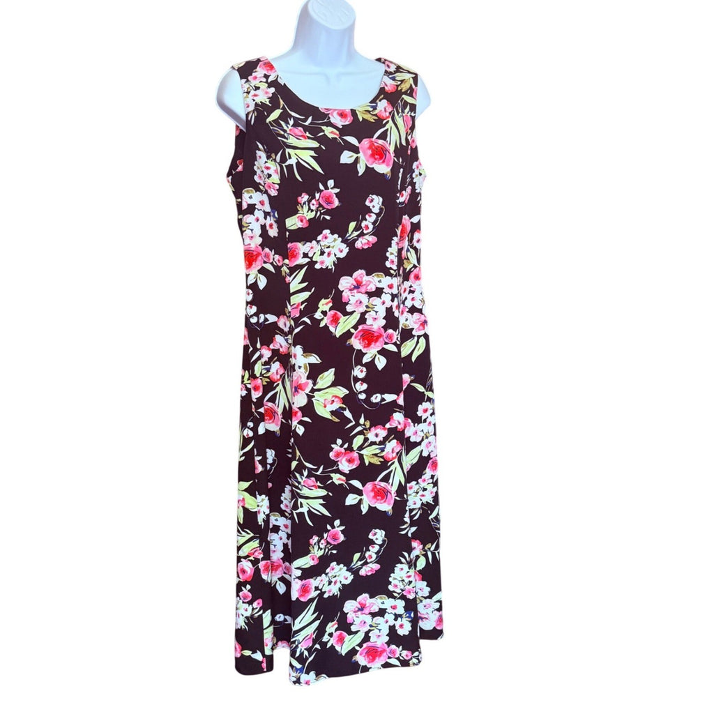 Danny & Nicole Womens 10P Black Pink Floral Midi A-Line Dress 10 Petite