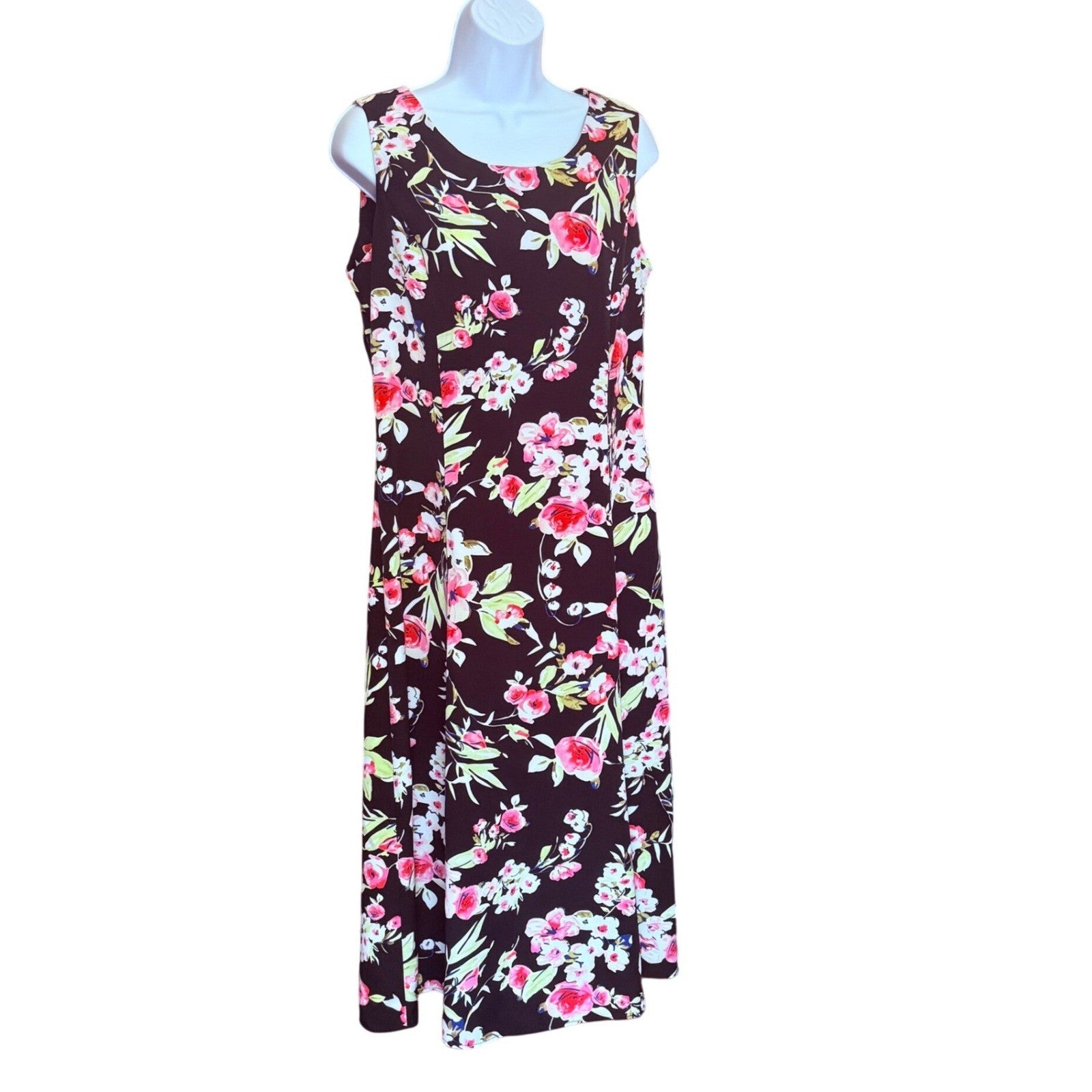 Danny & Nicole Womens 10P Black Pink Floral Midi A-Line Dress 10 Petite