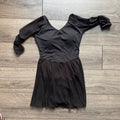 Black Long Sleeve Dance Leotard Dress Mesh Skirt Padded V-Neck Performance Women
