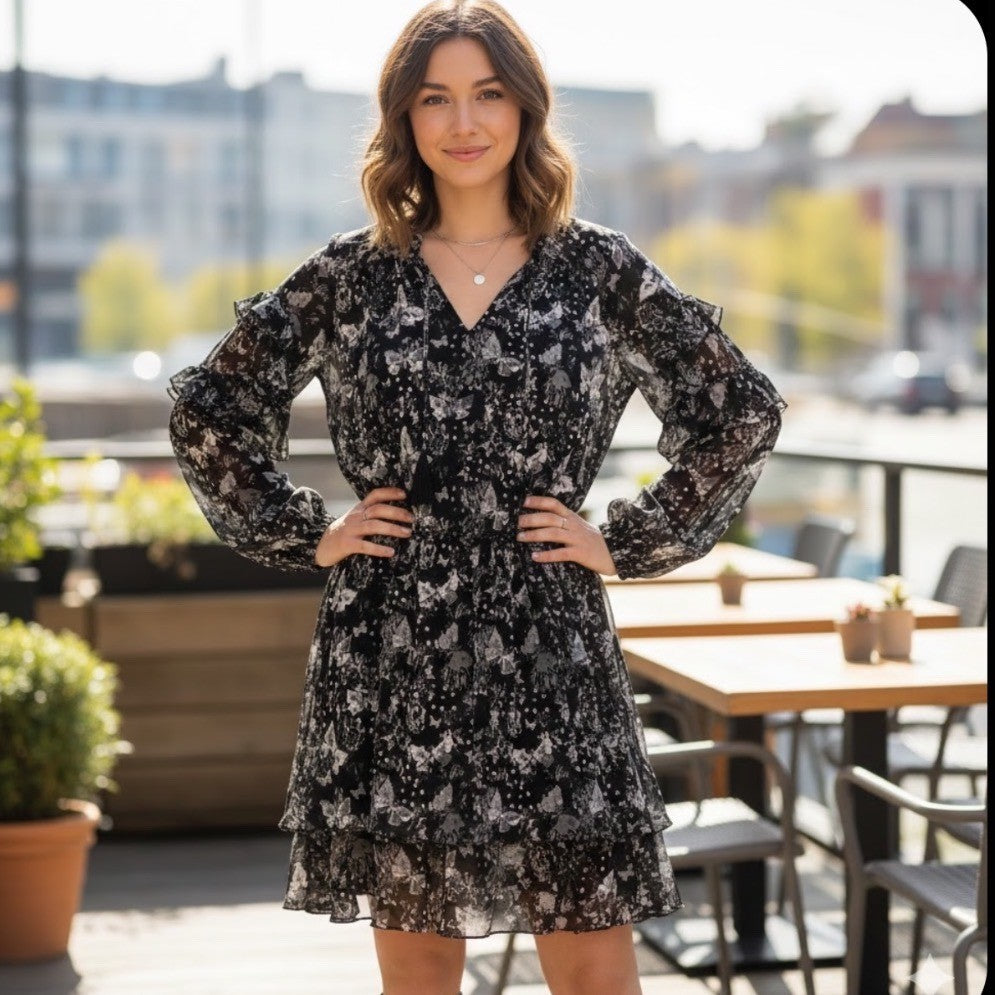 Cato Plus Size Black Butterfly Print Tiered Ruffle Dress 26 28W