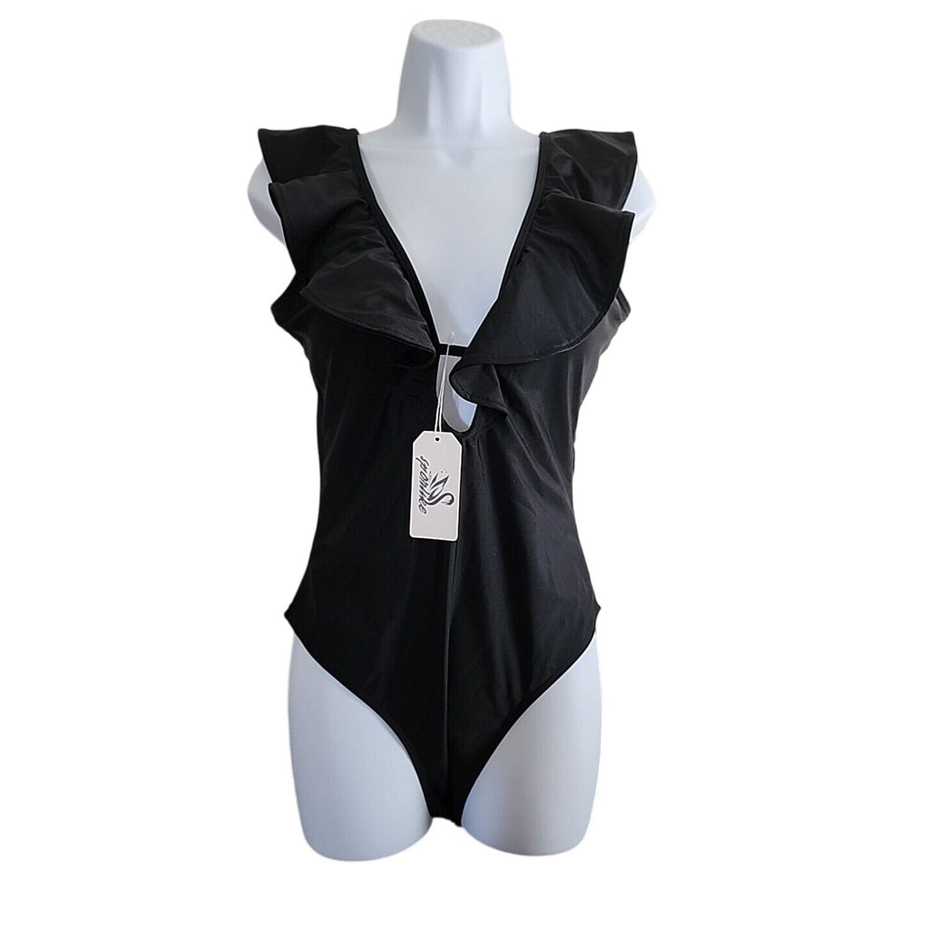 Nwt Medium Black Ruffled One-piece Swimsuit