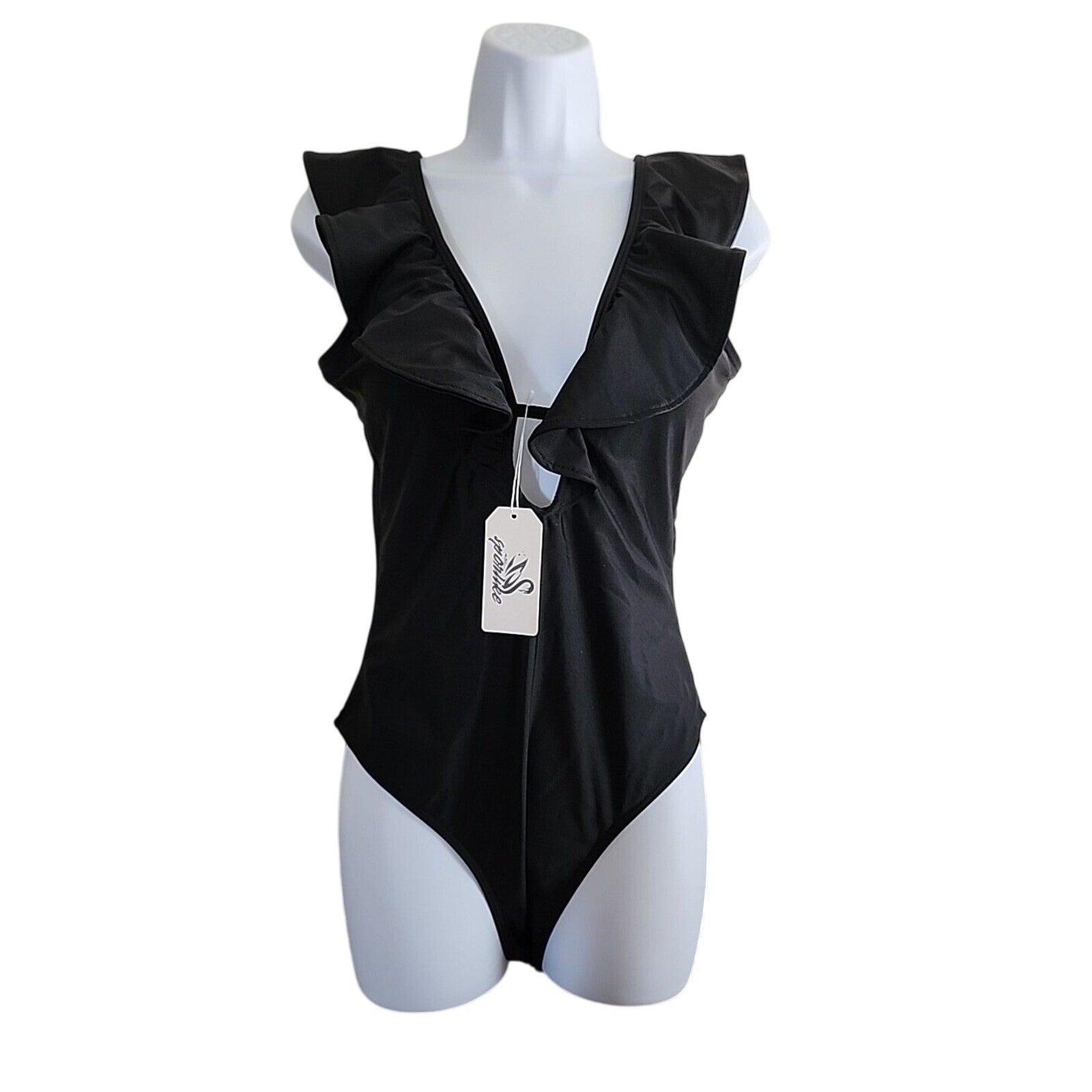 Nwt Medium Black Ruffled One-piece Swimsuit