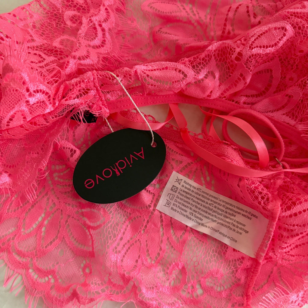 Avidlove Neon Pink Lace Bodysuit Teddy Lingerie Deep V Neck XL New