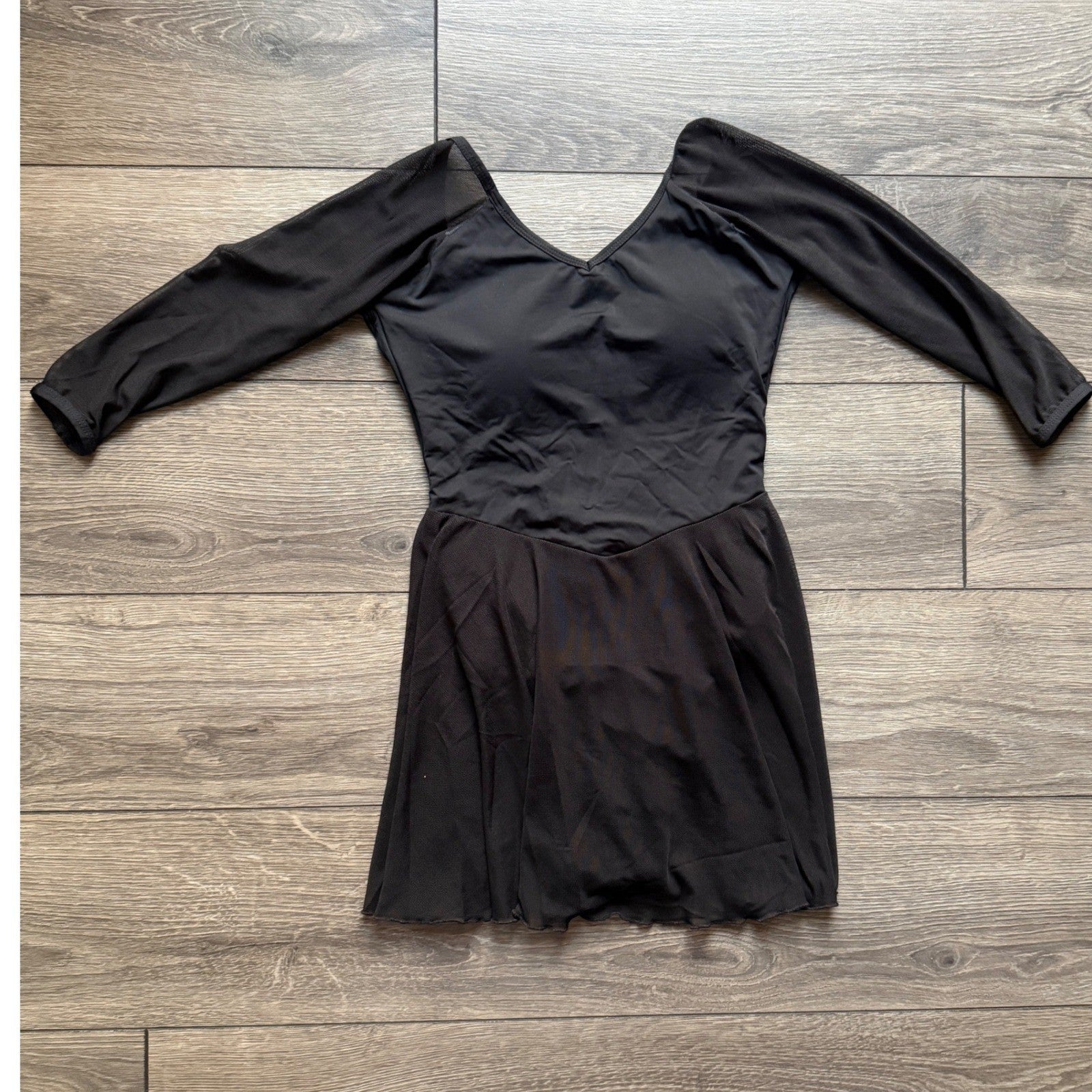 Black Long Sleeve Dance Leotard Dress Mesh Skirt Padded V-Neck Performance Women