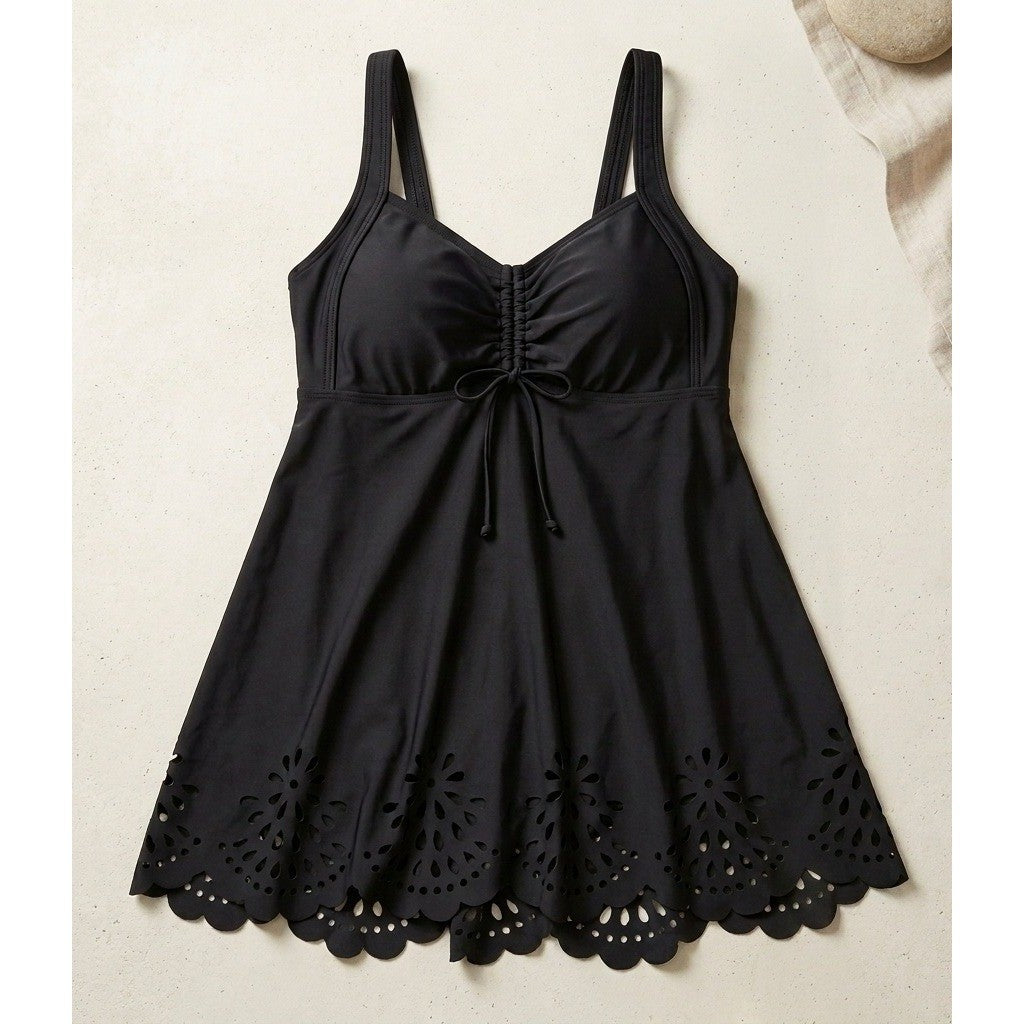 BloomChic Black Laser Cut Eyelet Swim Dress Adjustable Strap Padded US 10 NEW