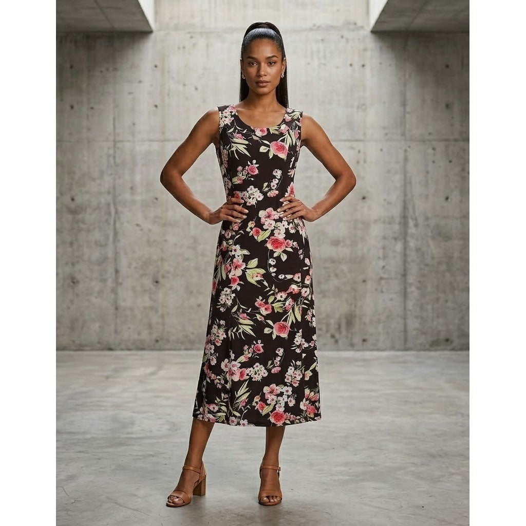 Danny & Nicole Womens 10P Black Pink Floral Midi A-Line Dress 10 Petite