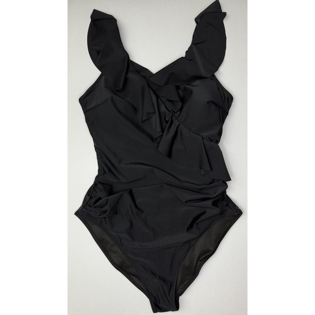 NWOT Womens Black One Piece Swimsuit Ruffle V Neck Ruched Tummy Control