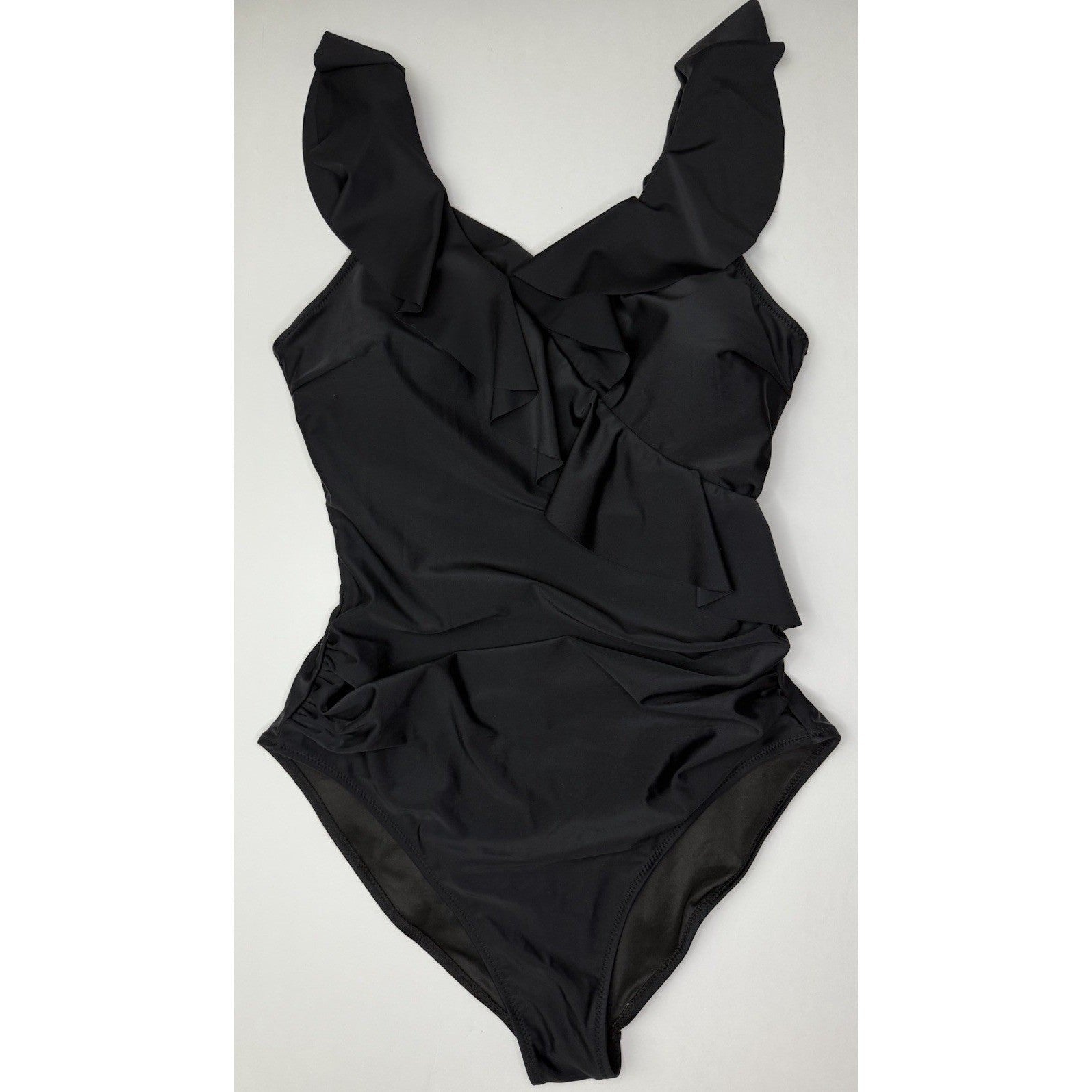 NWOT Womens Black One Piece Swimsuit Ruffle V Neck Ruched Tummy Control