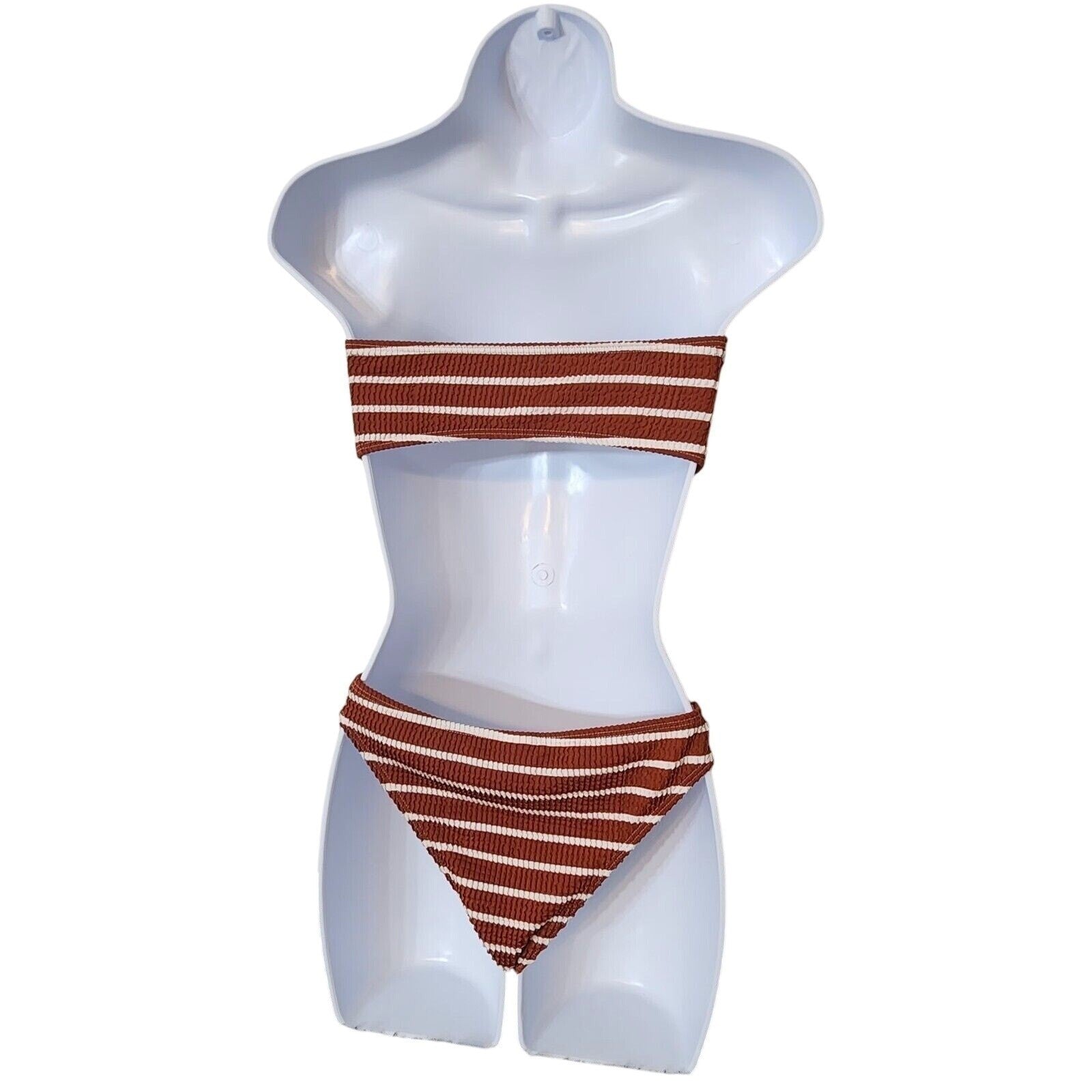 NWOT Striped Strapless Bikini Set Tan White Buckle Padded Womens Swimwear Size S