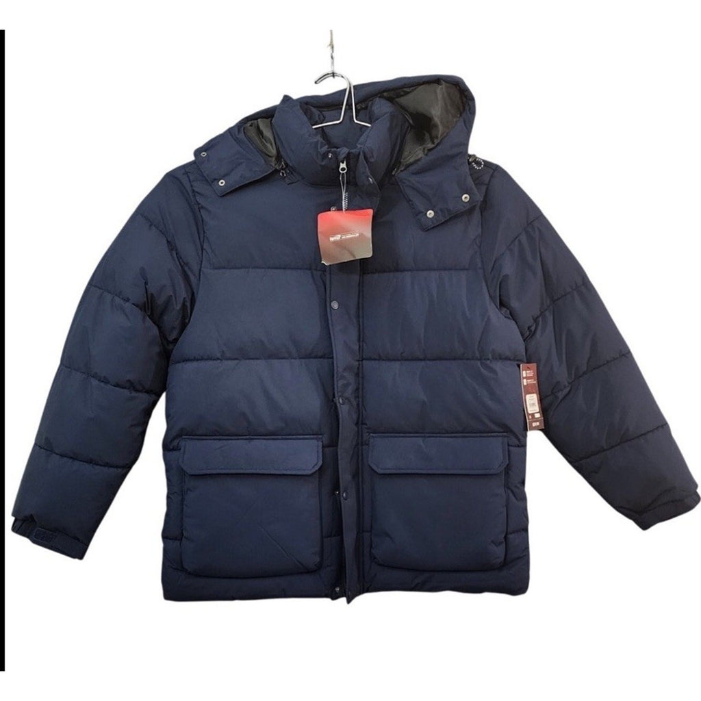 NWT Swiss Tech Mens Navy Blue Puffer Jacket Performance Gear Hooded Parka small