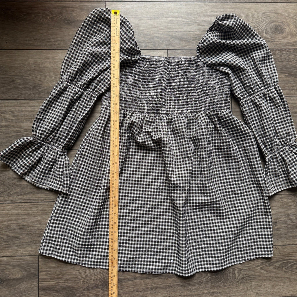 Atmos&Here Gingham Smocked Mini Dress Black White Square Neck Puff Sleeve