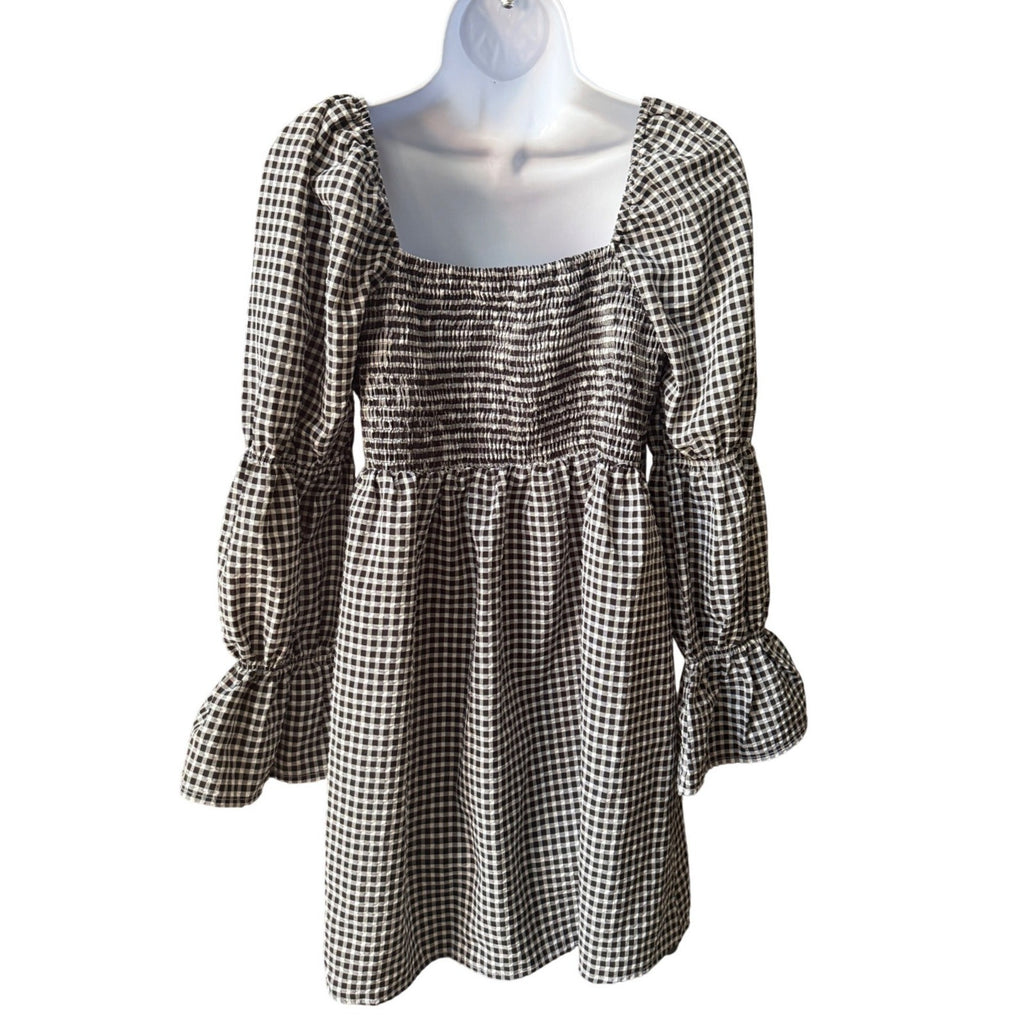 Atmos&Here Gingham Smocked Mini Dress Black White Square Neck Puff Sleeve