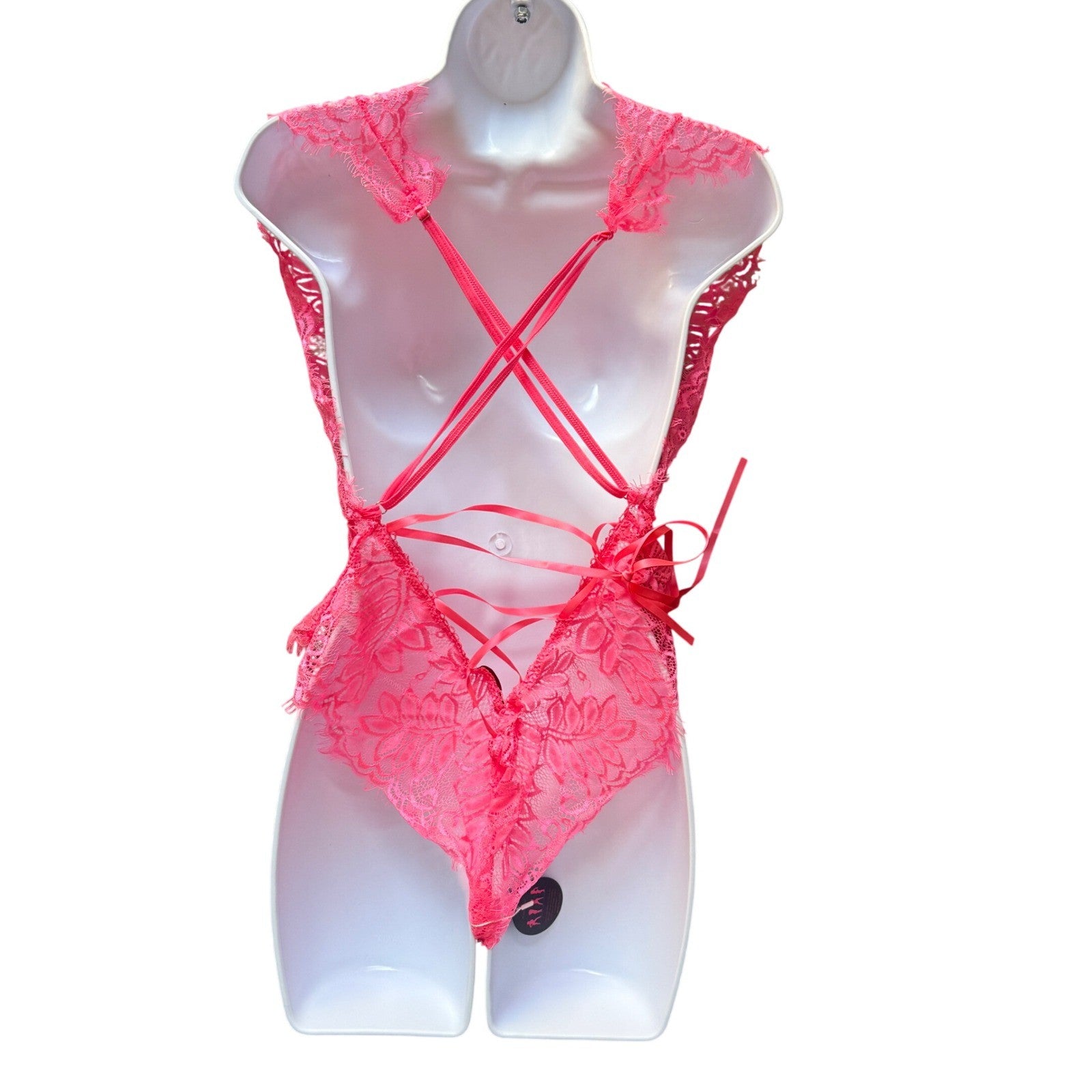Avidlove Neon Pink Lace Bodysuit Teddy Lingerie Deep V Neck XL New