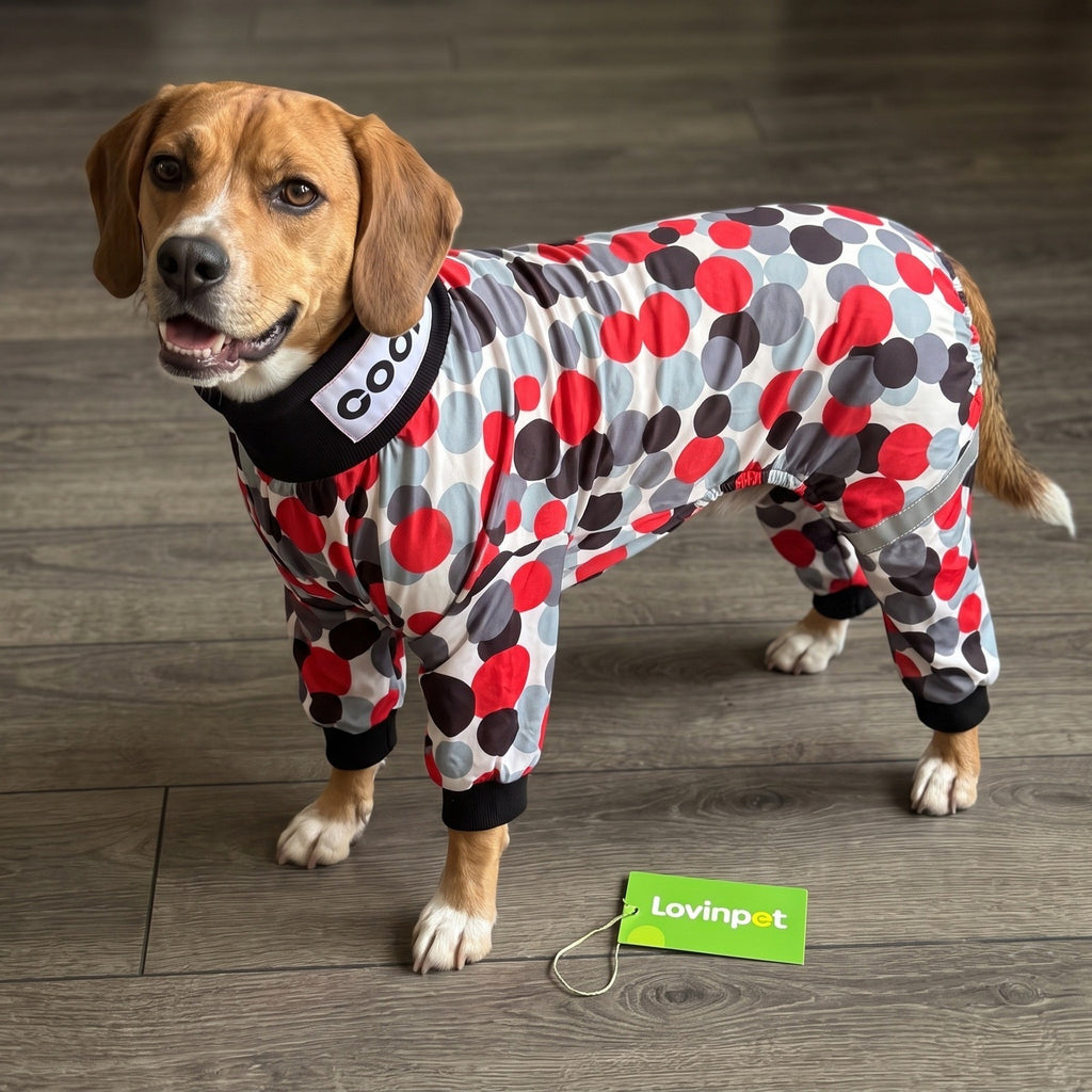 Lovinpet Dog Pajamas Large Red Grey Black Polka Dot Full Body jumpsuit NWT