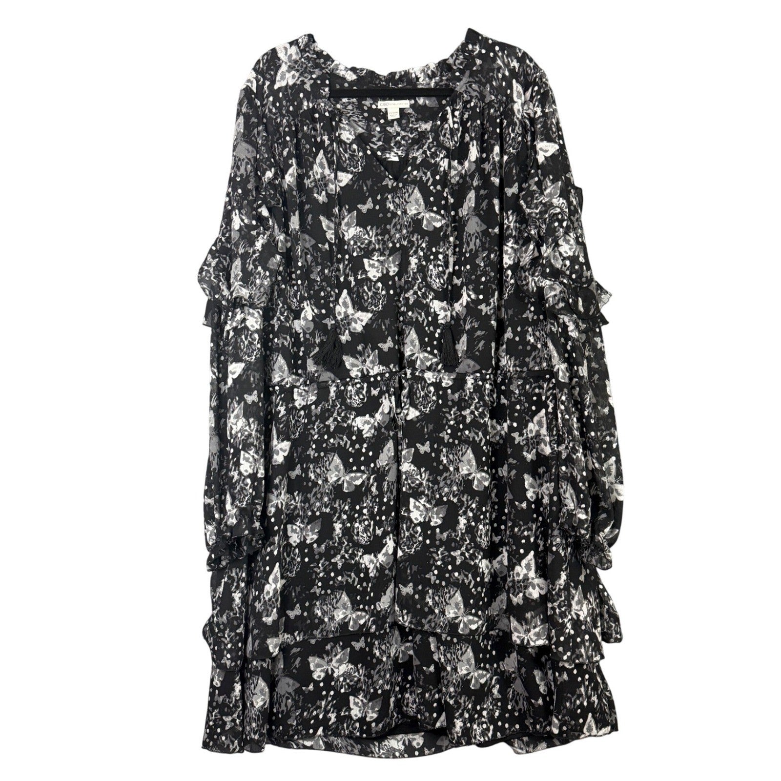 Cato Plus Size Black Butterfly Print Tiered Ruffle Dress 26 28W
