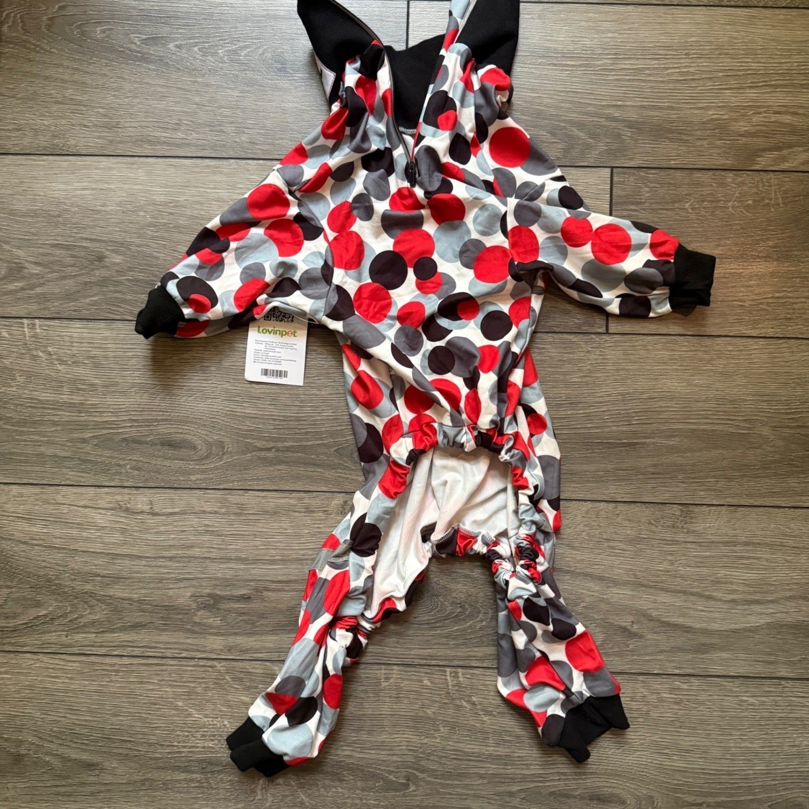 Lovinpet Dog Pajamas Large Red Grey Black Polka Dot Full Body jumpsuit NWT