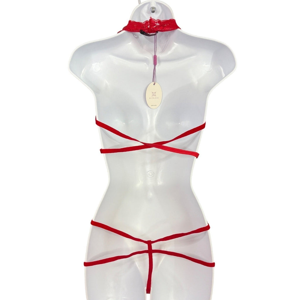 Avidlove Red Lace M Teddy Bodysuit Strappy Plunge Halter Lingerie Medium NWT