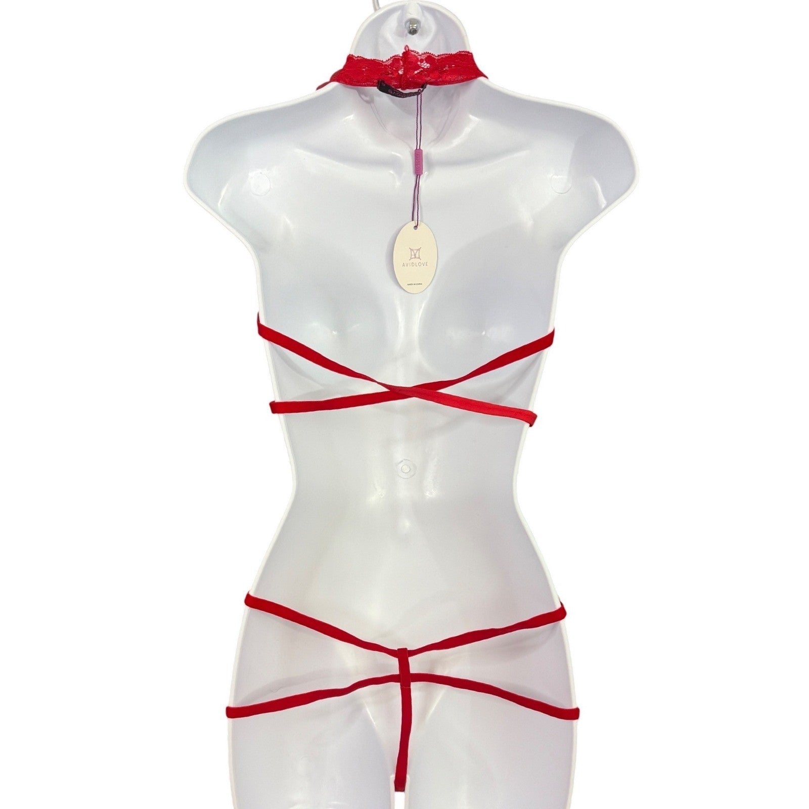 Avidlove Red Lace M Teddy Bodysuit Strappy Plunge Halter Lingerie Medium NWT