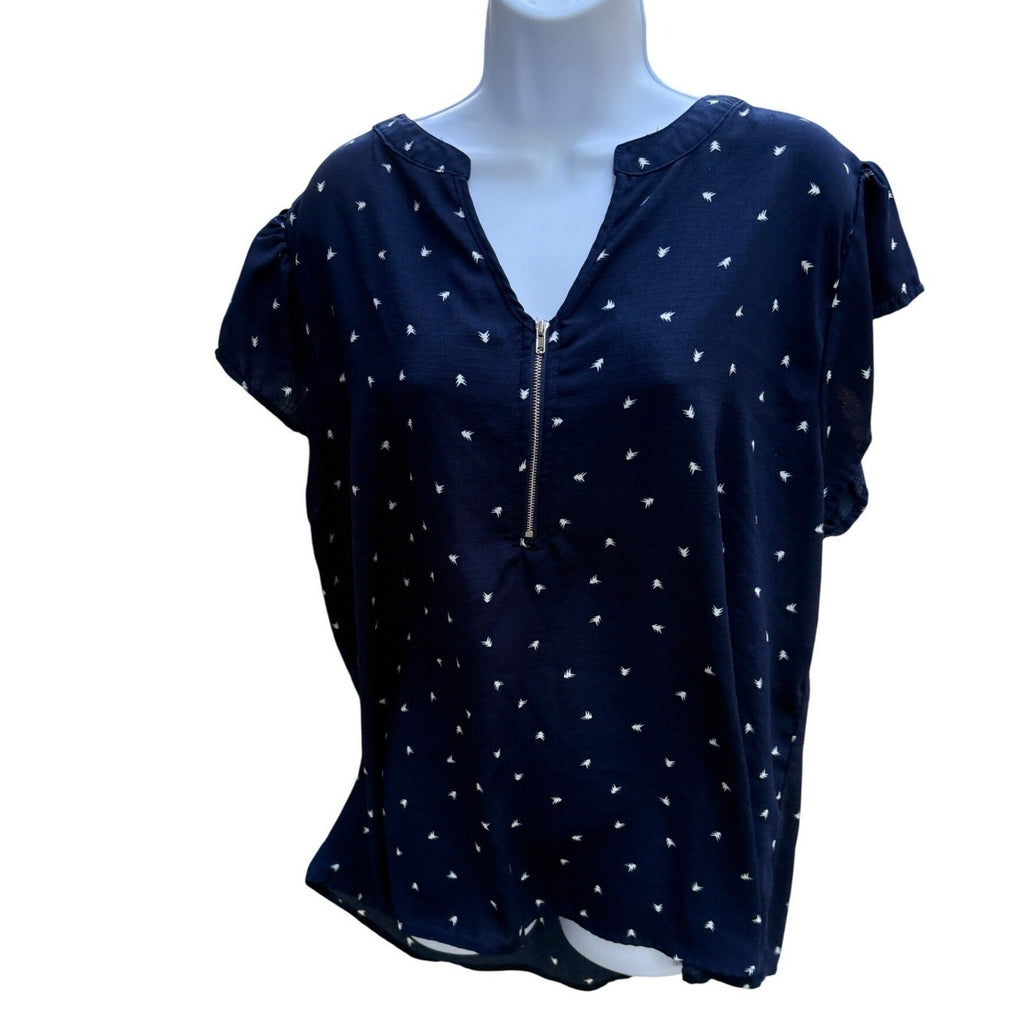 Perch by Blu Pepper Navy Blue Bird Print Half Zip Blouse Top Womens Size 2XL