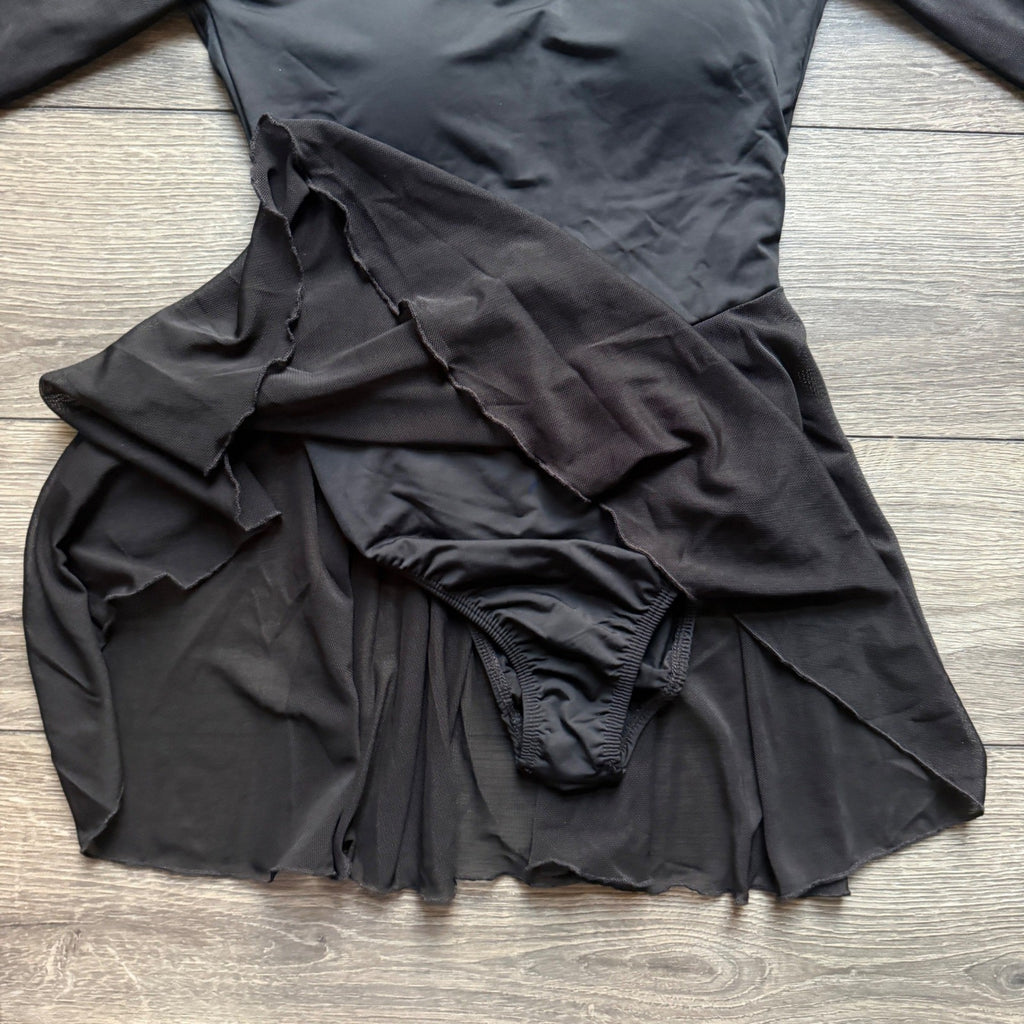 Black Long Sleeve Dance Leotard Dress Mesh Skirt Padded V-Neck Performance Women