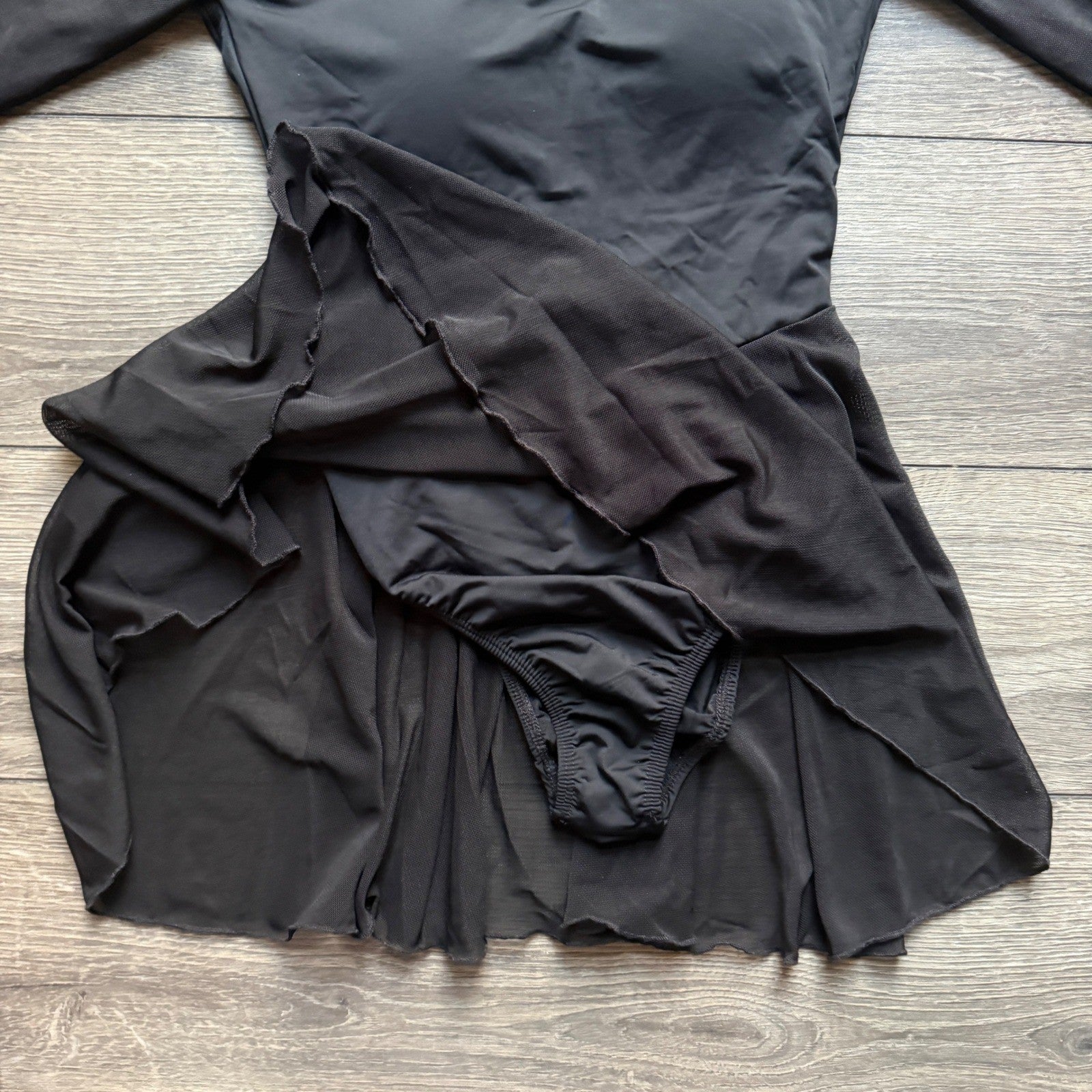 Black Long Sleeve Dance Leotard Dress Mesh Skirt Padded V-Neck Performance Women