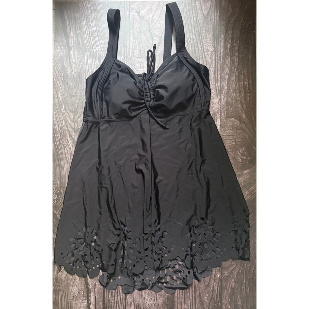 BloomChic Black Laser Cut Eyelet Swim Dress Adjustable Strap Padded US 10 NEW
