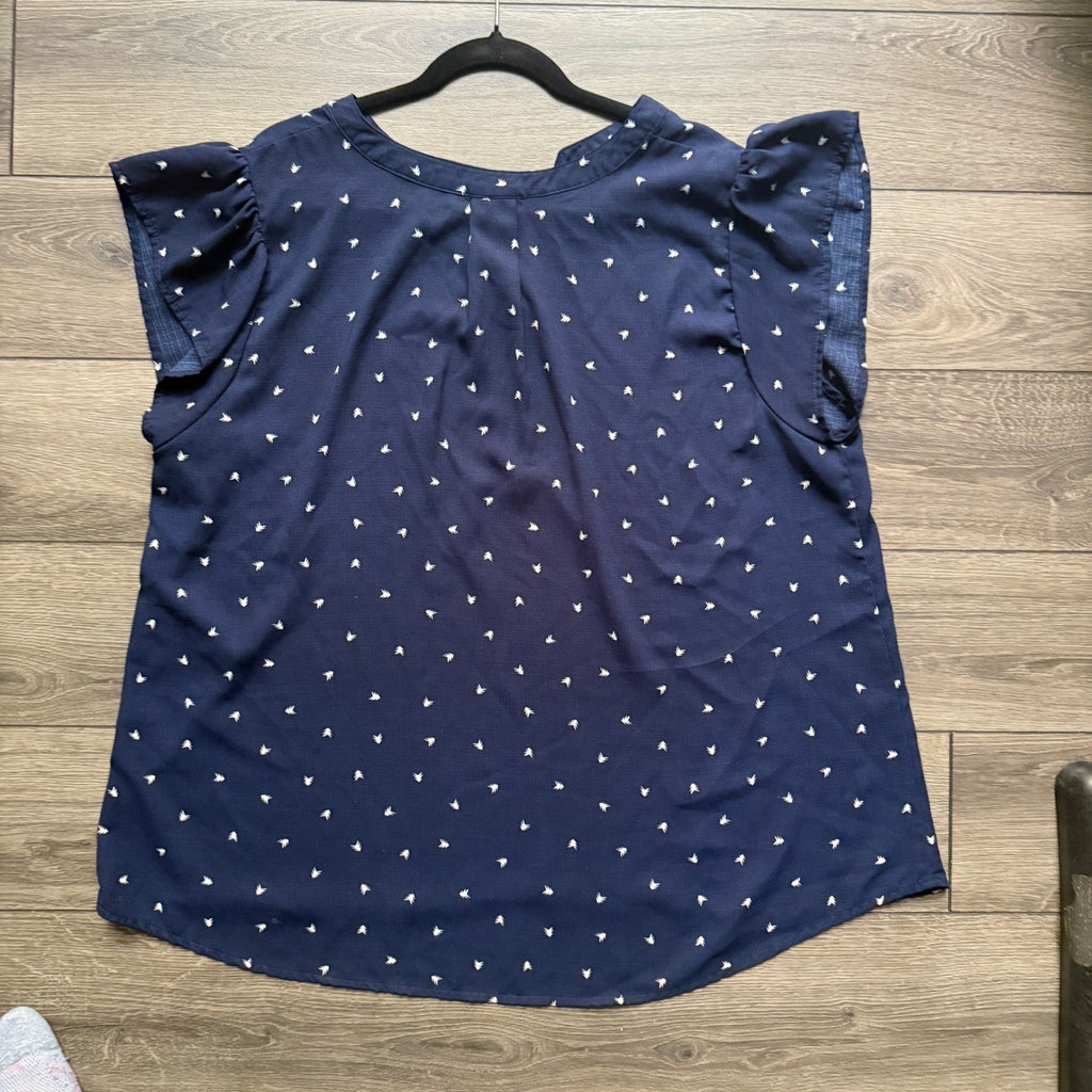 Perch by Blu Pepper Navy Blue Bird Print Half Zip Blouse Top Womens Size 2XL