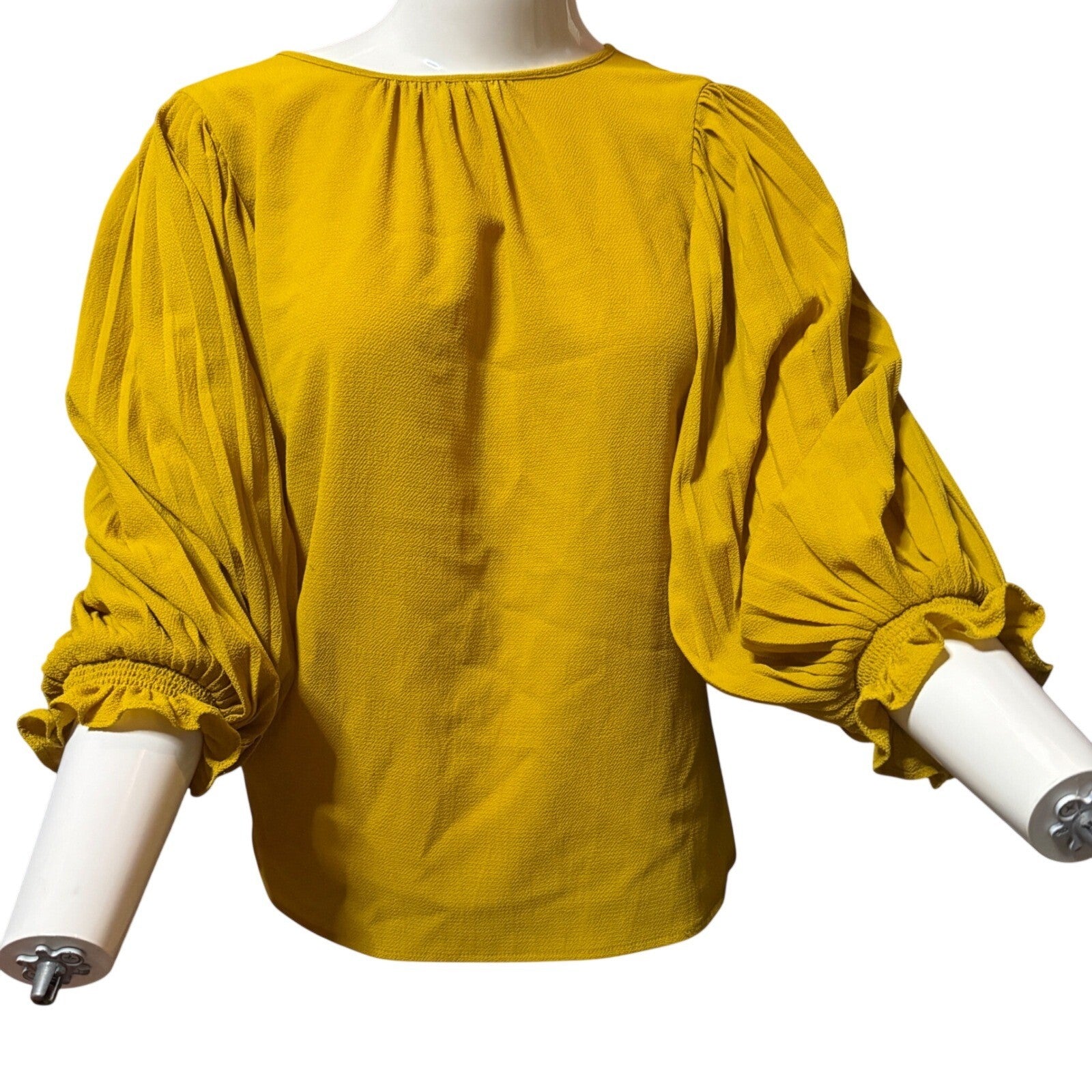 Eva Mendes NY&Co Mustard Yellow Pleated Puff Sleeve Blouse XS VN130007