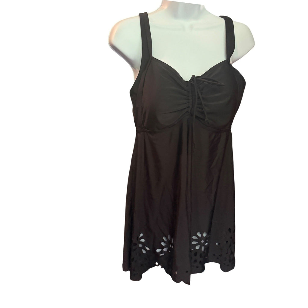 BloomChic Black Laser Cut Eyelet Swim Dress Adjustable Strap Padded US 10 NEW