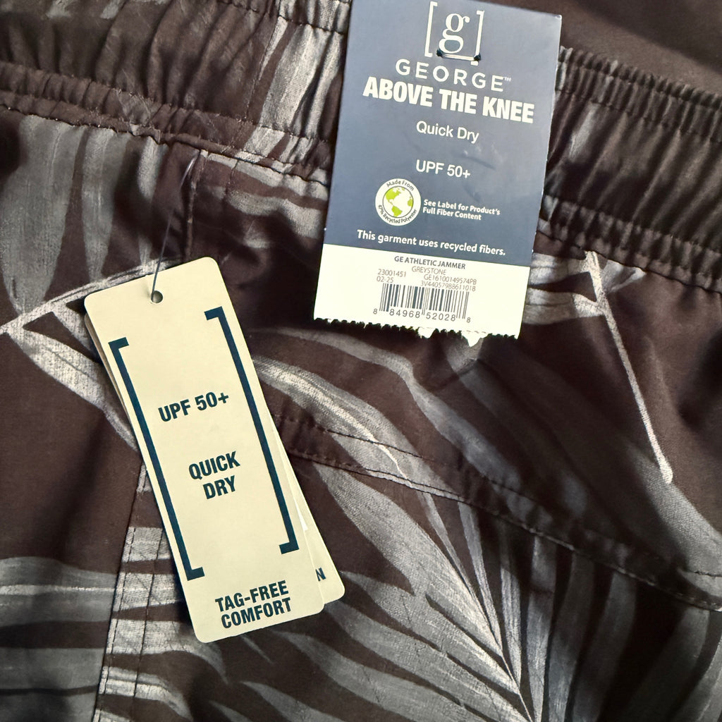 George Mens Athletic Jammer Swim Shorts 3XL Greystone Palm Leaf UPF 50+ New