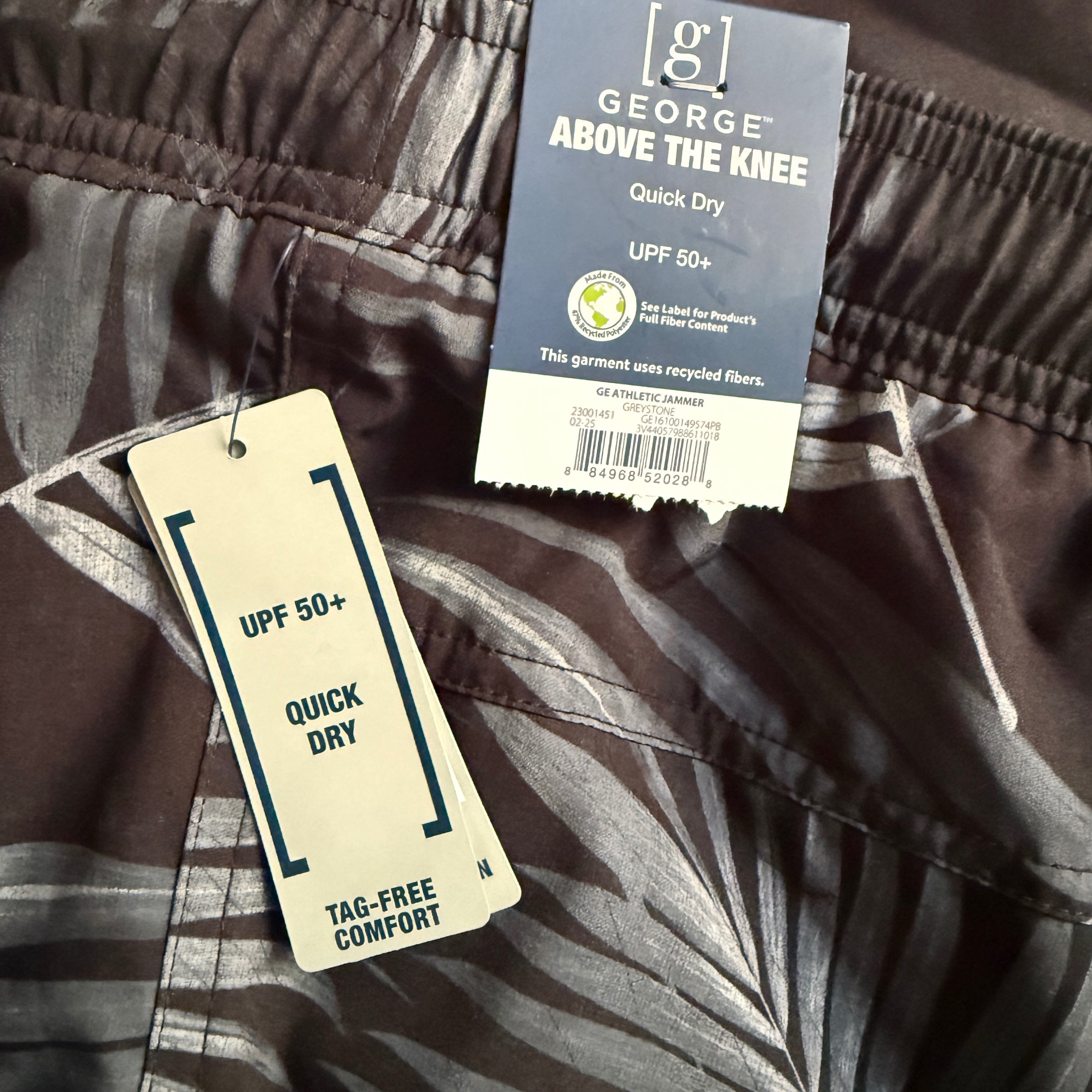 George Mens Athletic Jammer Swim Shorts 3XL Greystone Palm Leaf UPF 50+ New