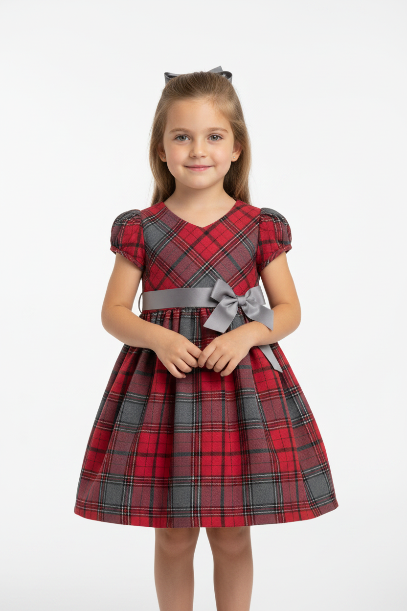 Ashley Ann Girls 3T Red Plaid Holiday Dress Metallic Silver Bow Christmas