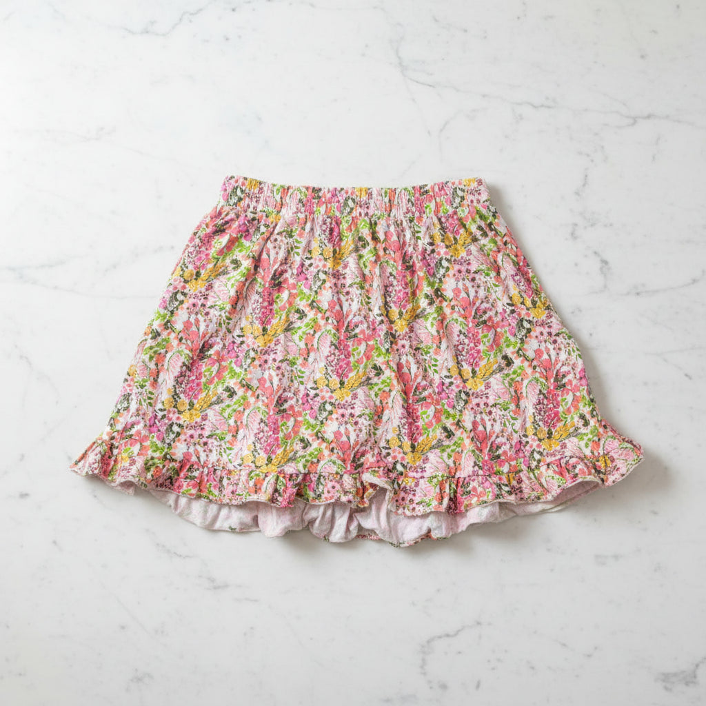 EUC Floral Ruffle Skort Pink Yellow Cotton Elastic Waist Shorts Skirt XXL 11-12Y