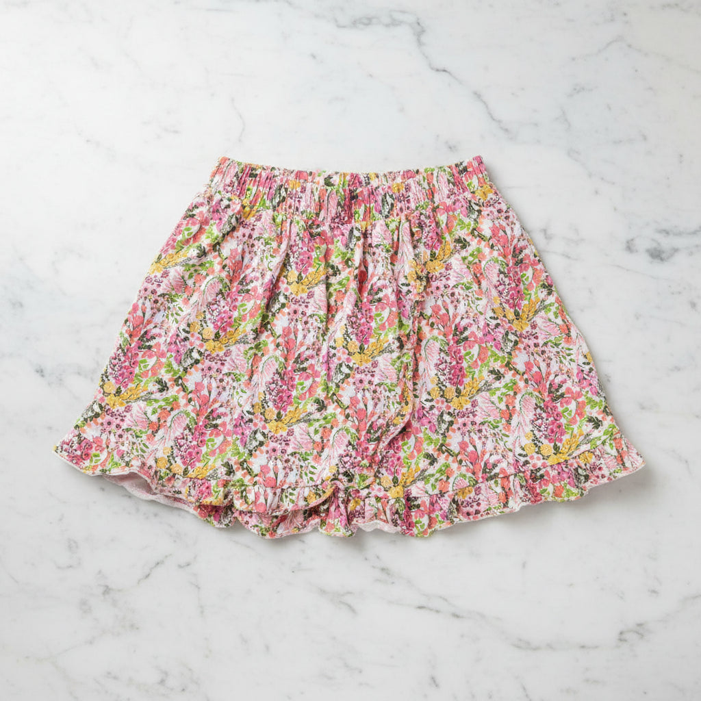 EUC Floral Ruffle Skort Pink Yellow Cotton Elastic Waist Shorts Skirt XXL 11-12Y