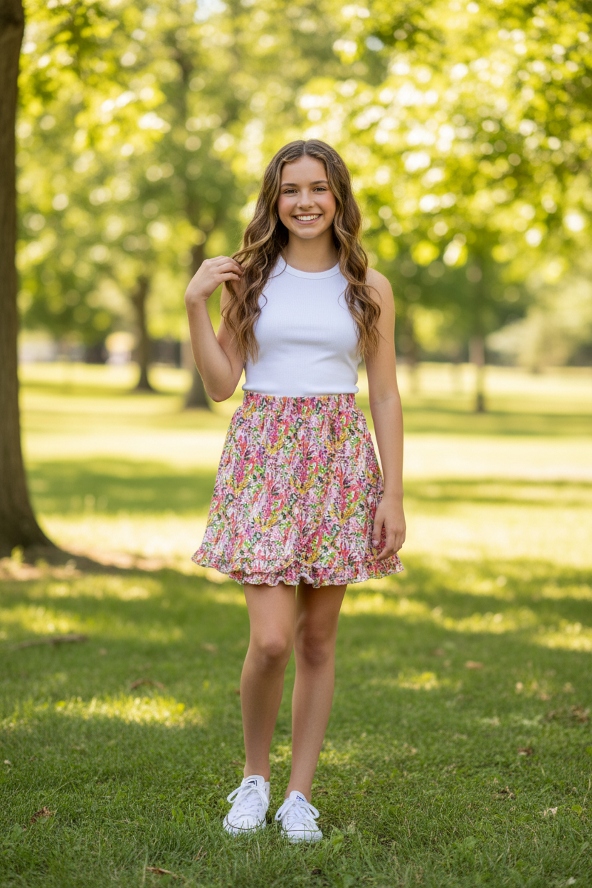 EUC Floral Ruffle Skort Pink Yellow Cotton Elastic Waist Shorts Skirt XXL 11-12Y