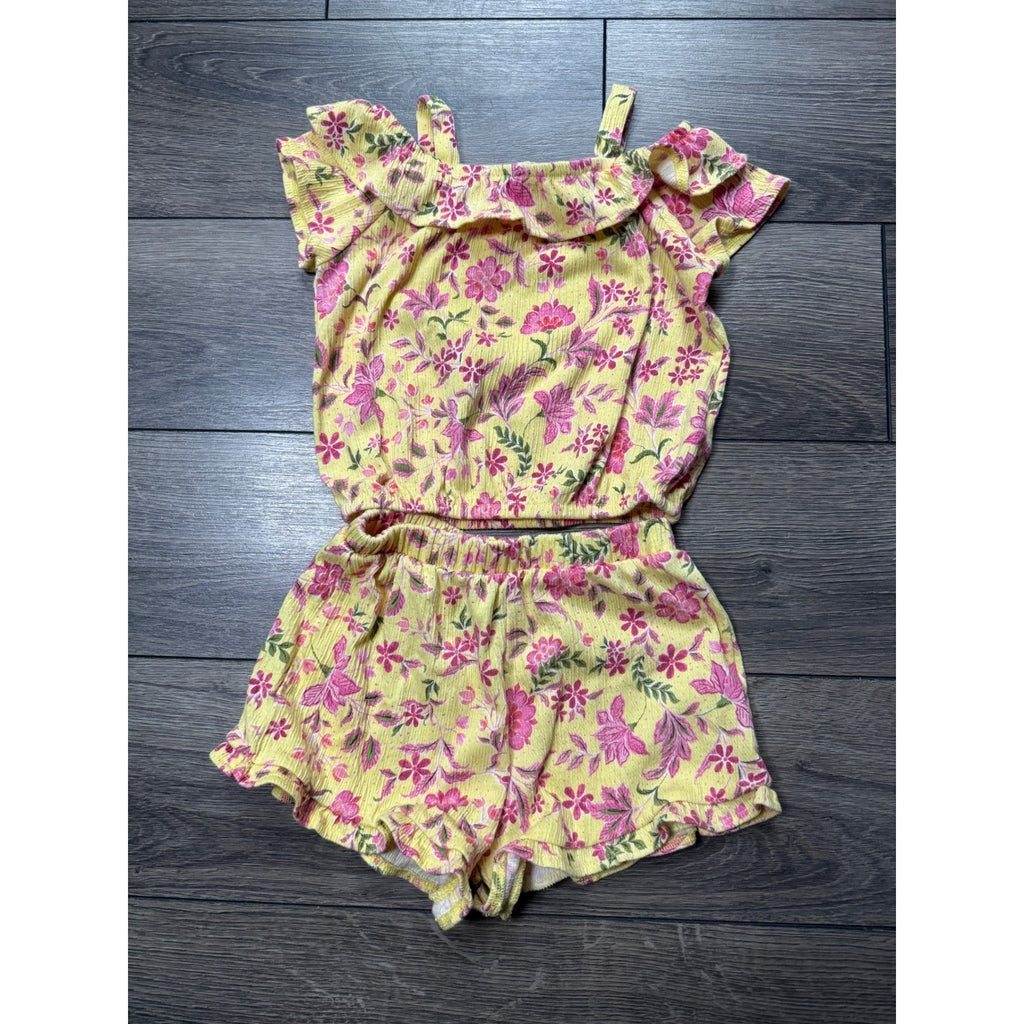 EUC Old Navy Girls 3T Yellow Pink Floral Ribbed Ruffle Top and Shorts 2 Piece Set